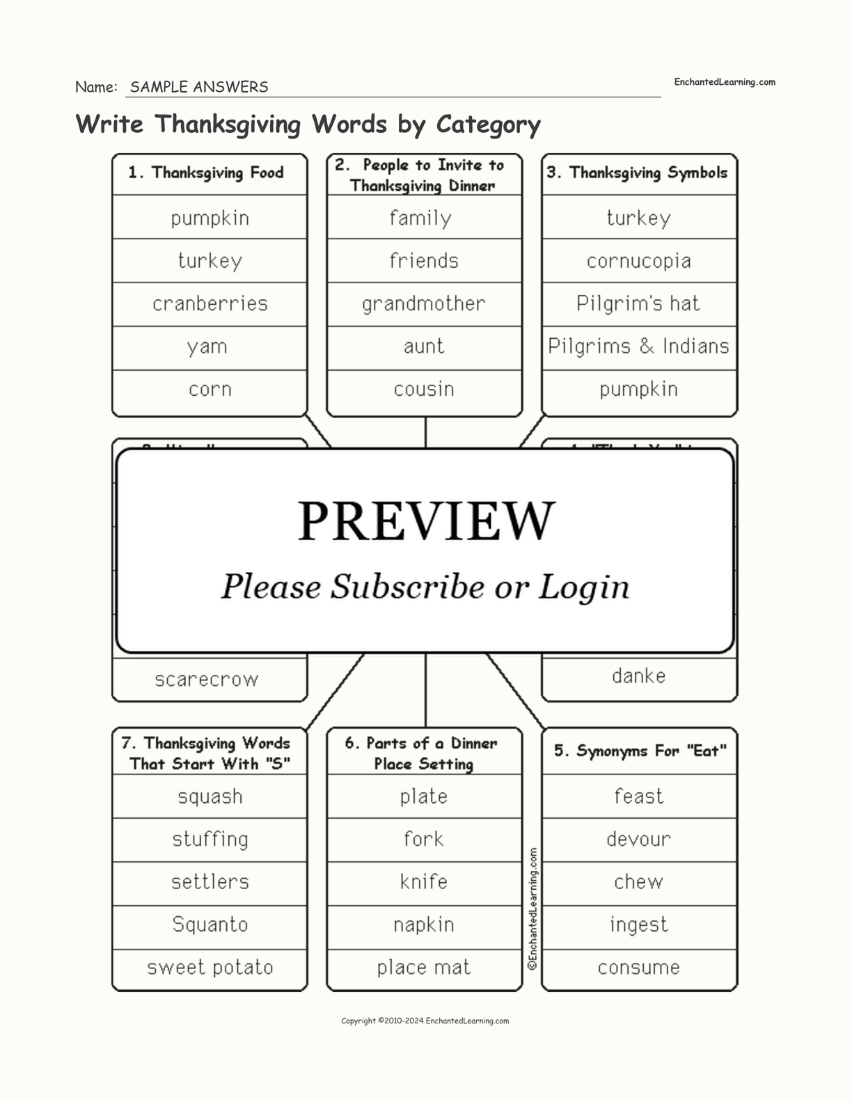 Write Thanksgiving Words by Category interactive worksheet page 2