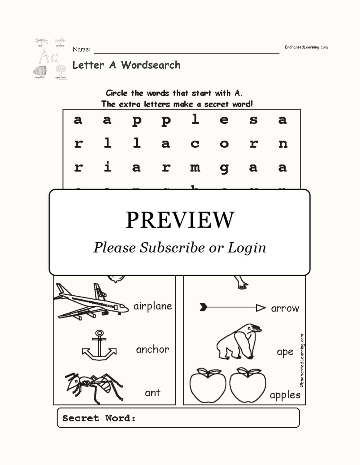 Letter A Wordsearch interactive worksheet page 1