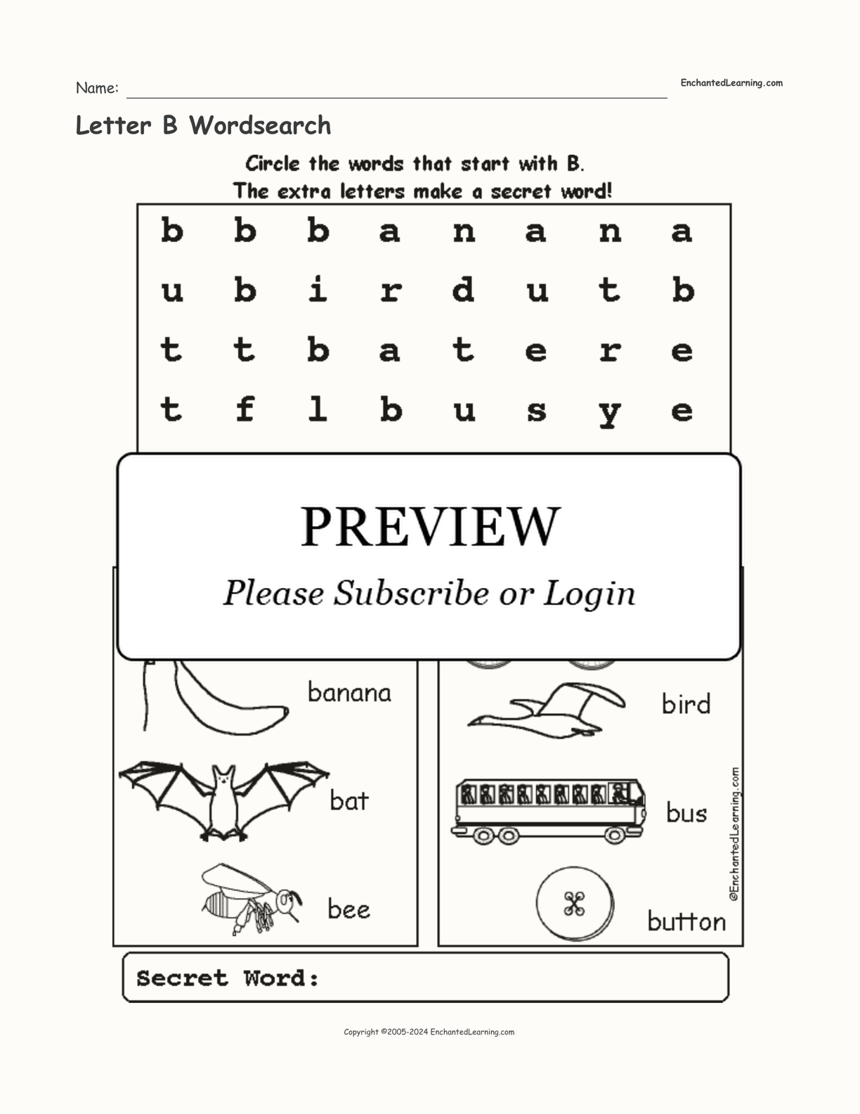 Letter B Wordsearch interactive worksheet page 1