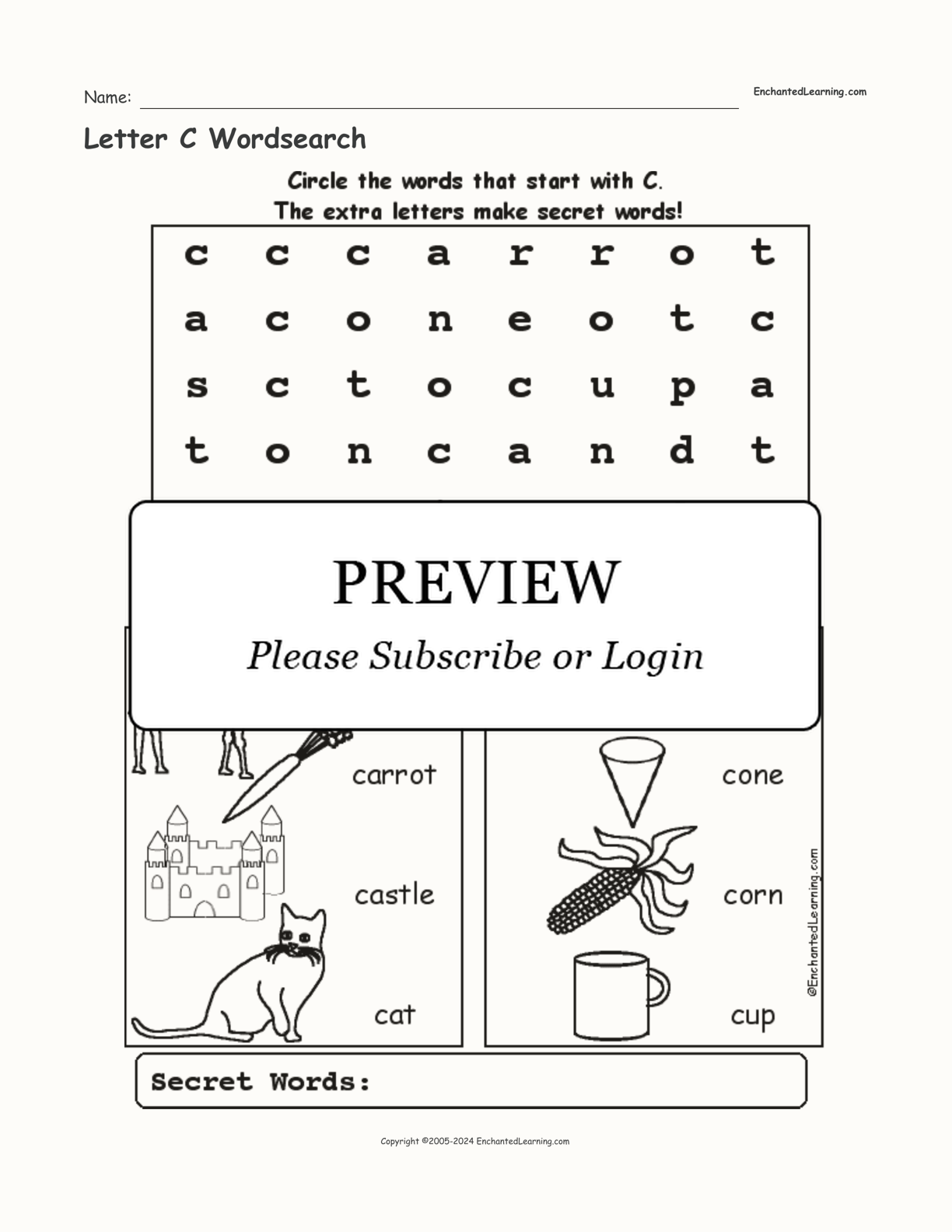 Letter C Wordsearch interactive worksheet page 1