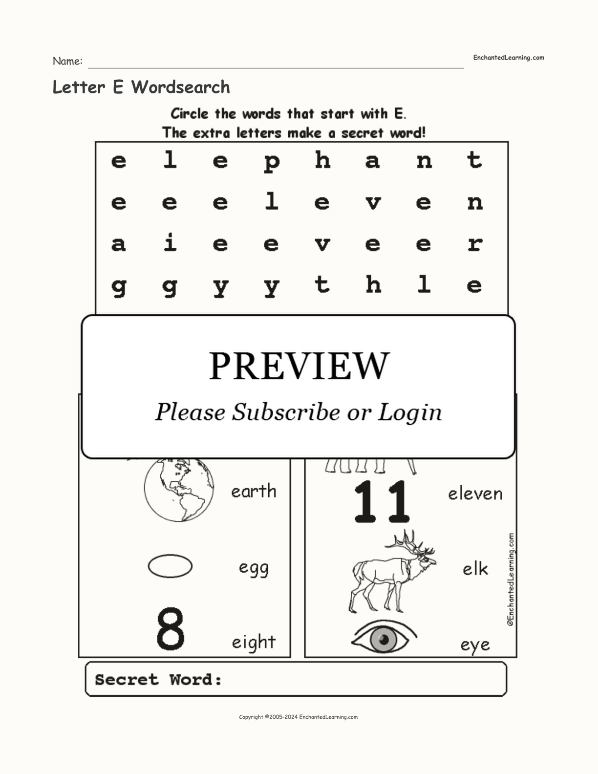 Letter E Wordsearch interactive worksheet page 1