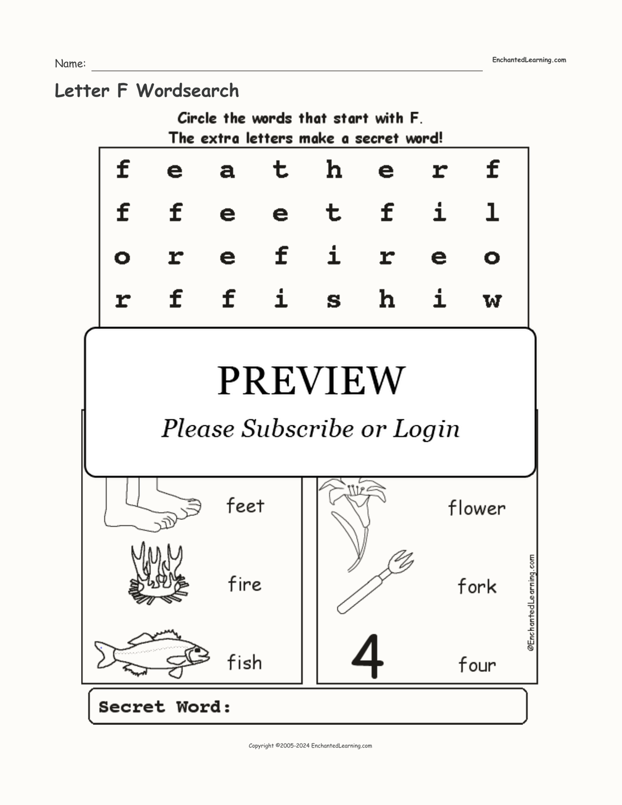 Letter F Wordsearch interactive worksheet page 1