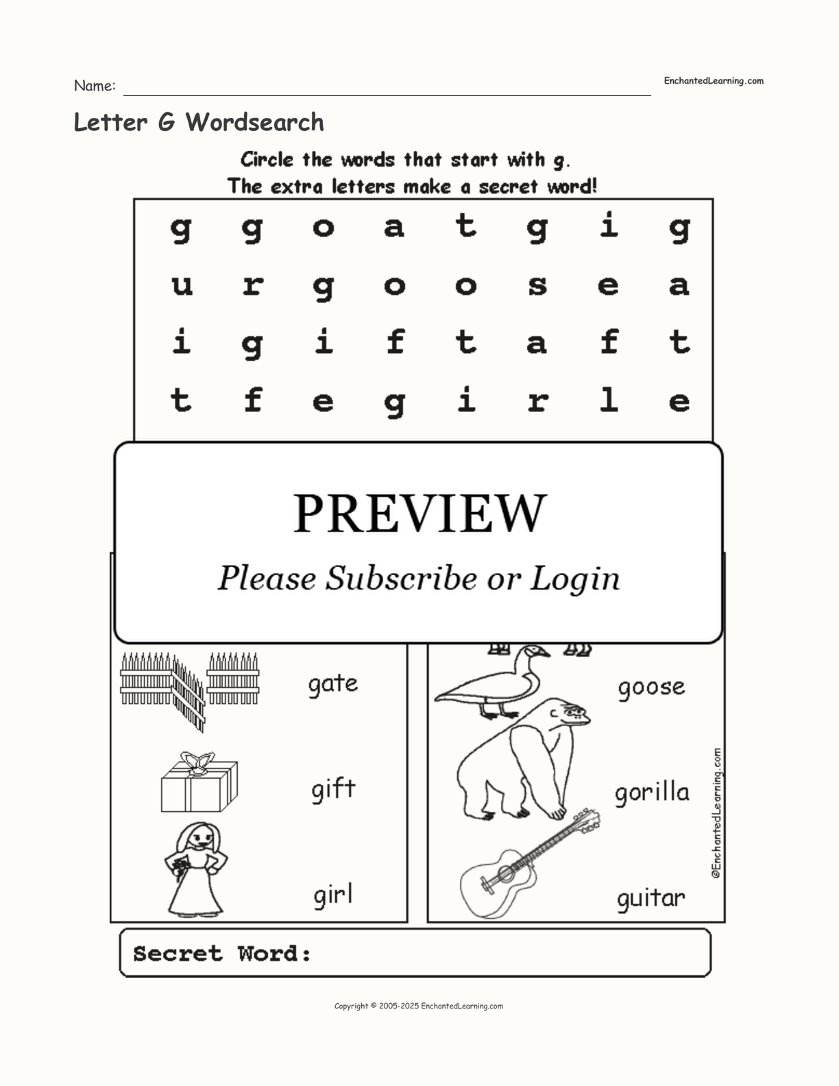 letter g wordsearch enchanted learning