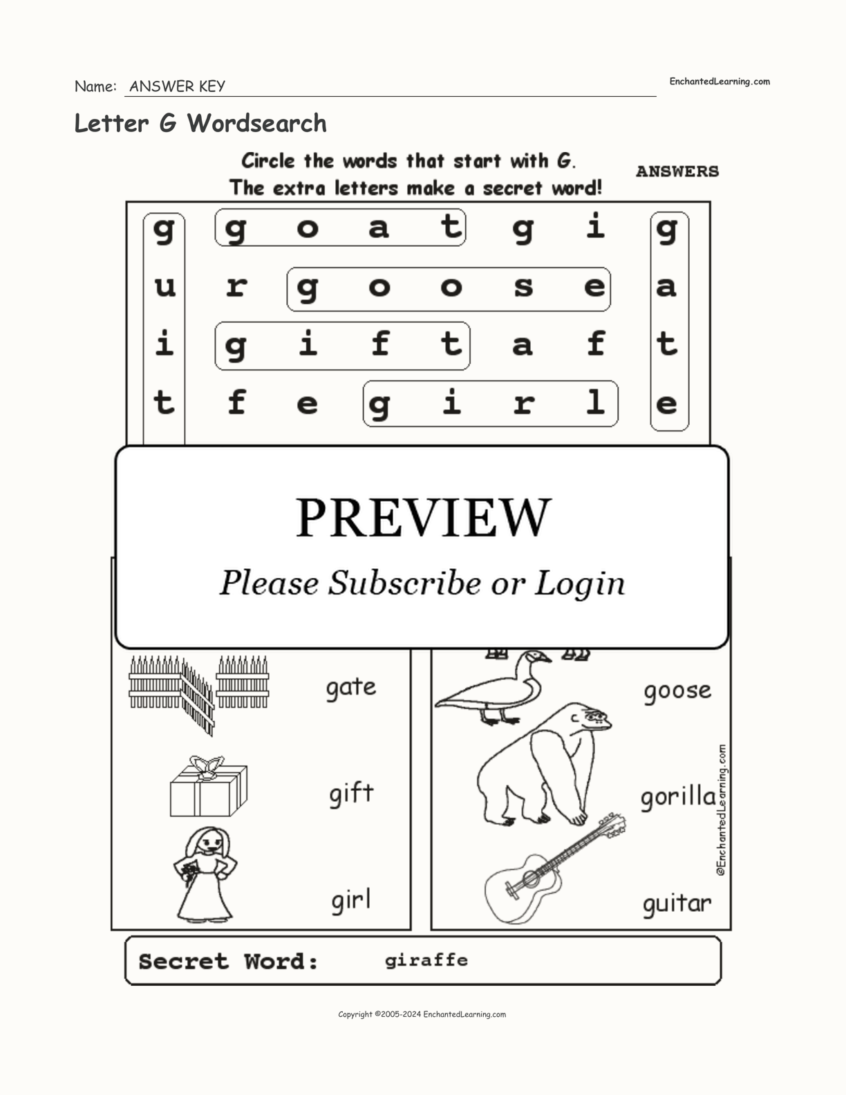 Letter G Wordsearch interactive worksheet page 2