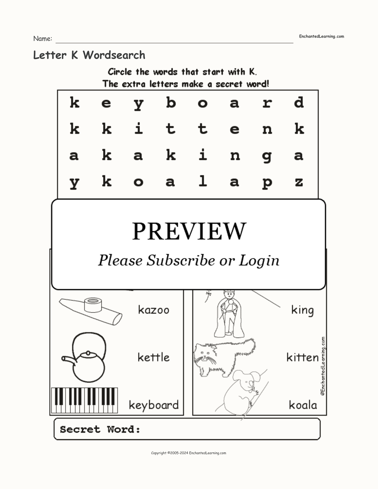 Letter K Wordsearch interactive worksheet page 1