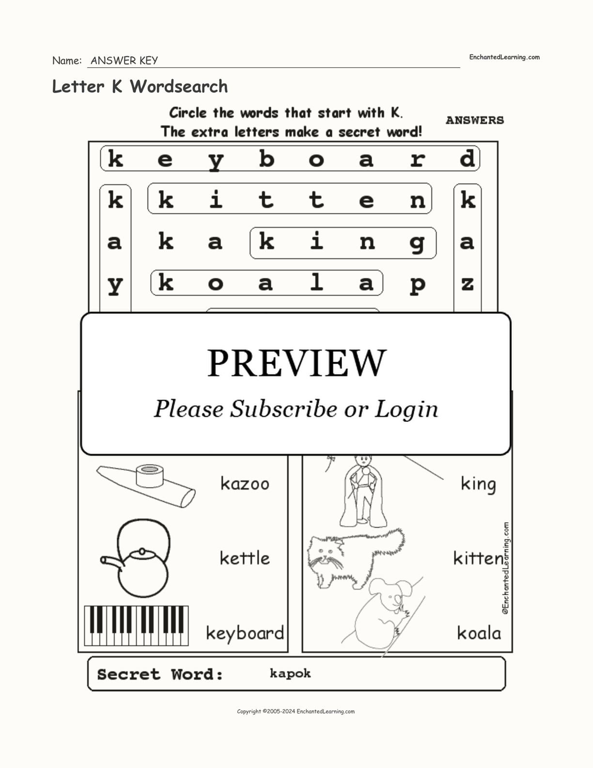 Letter K Wordsearch interactive worksheet page 2