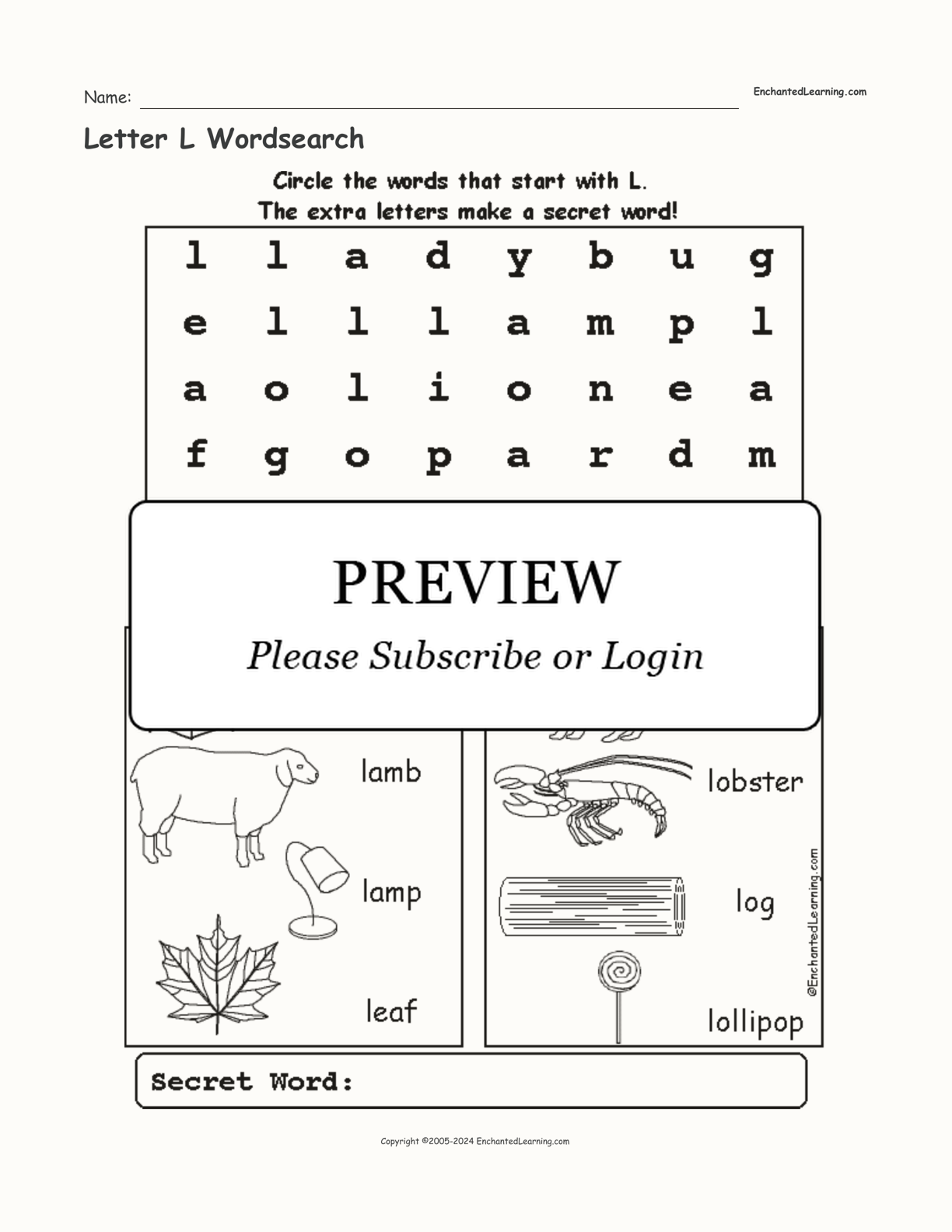 Letter L Wordsearch interactive worksheet page 1