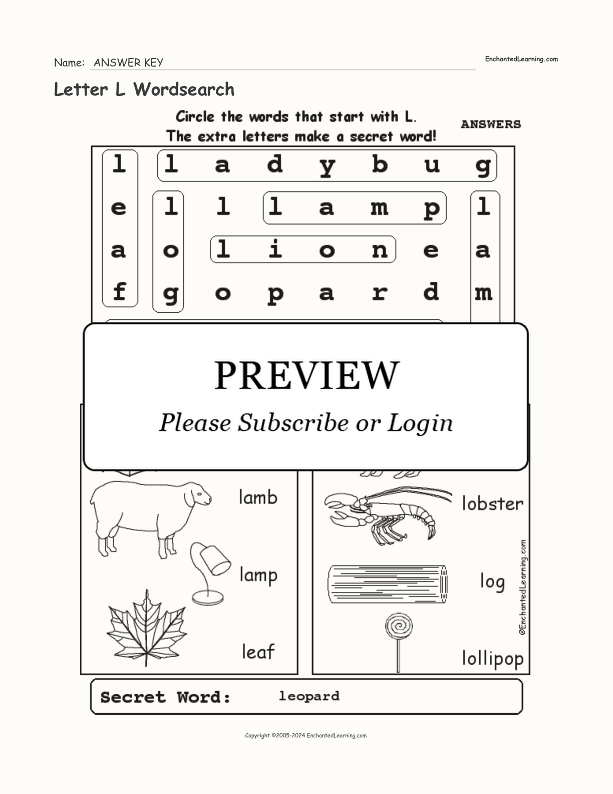 Letter L Wordsearch interactive worksheet page 2