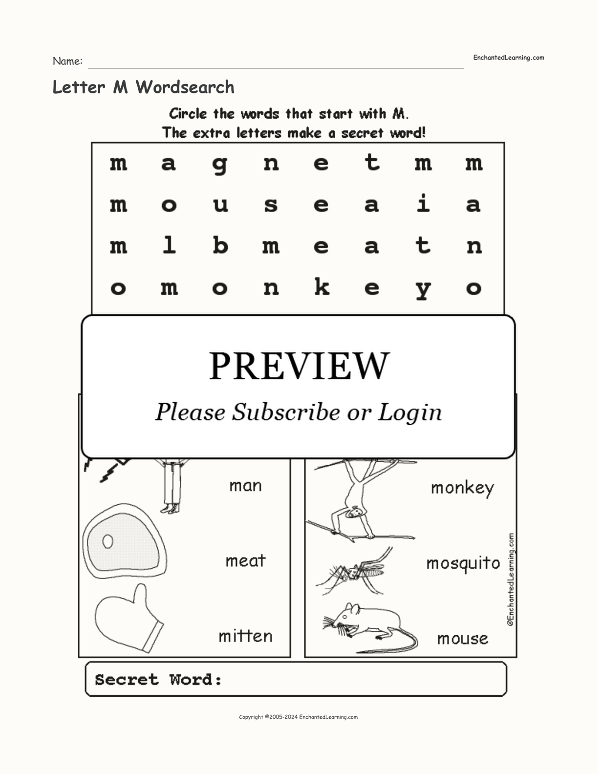 Letter M Wordsearch interactive worksheet page 1