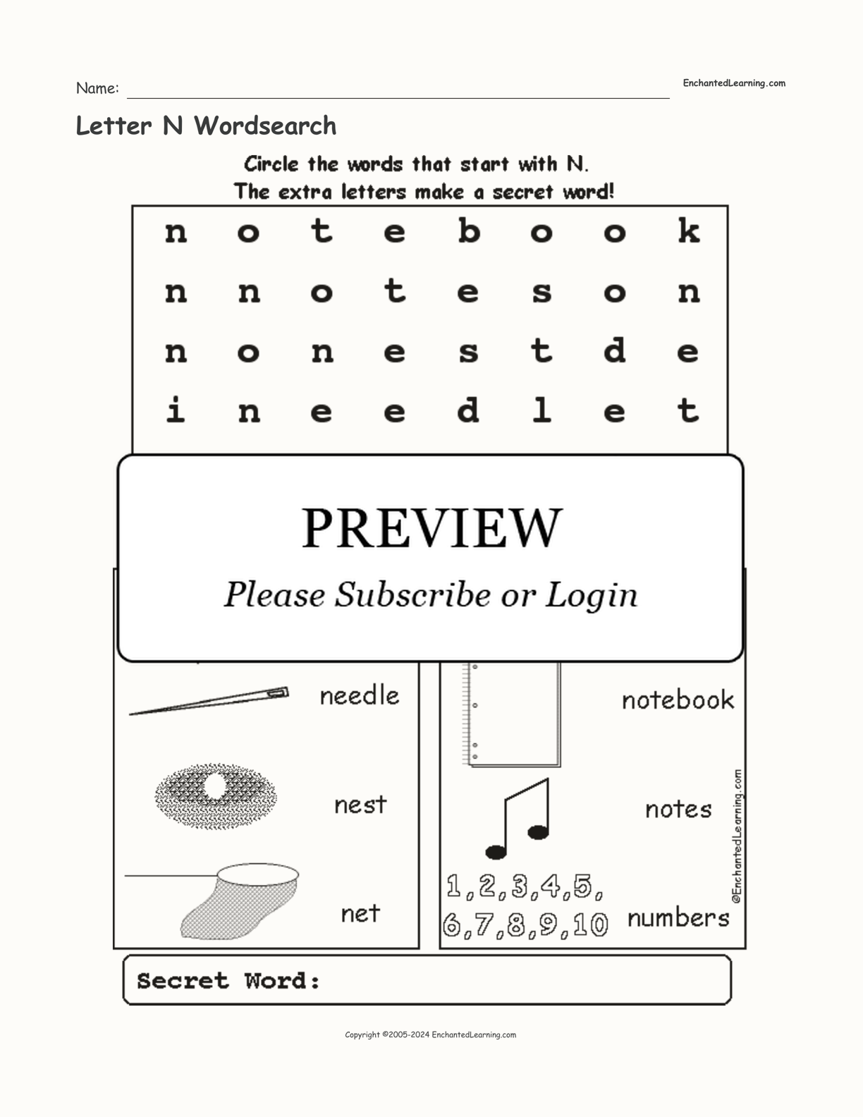 Letter N Wordsearch interactive worksheet page 1