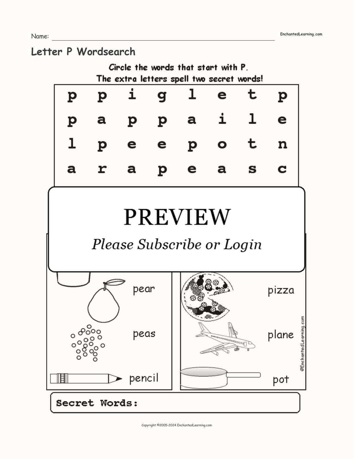 Letter P Wordsearch interactive worksheet page 1
