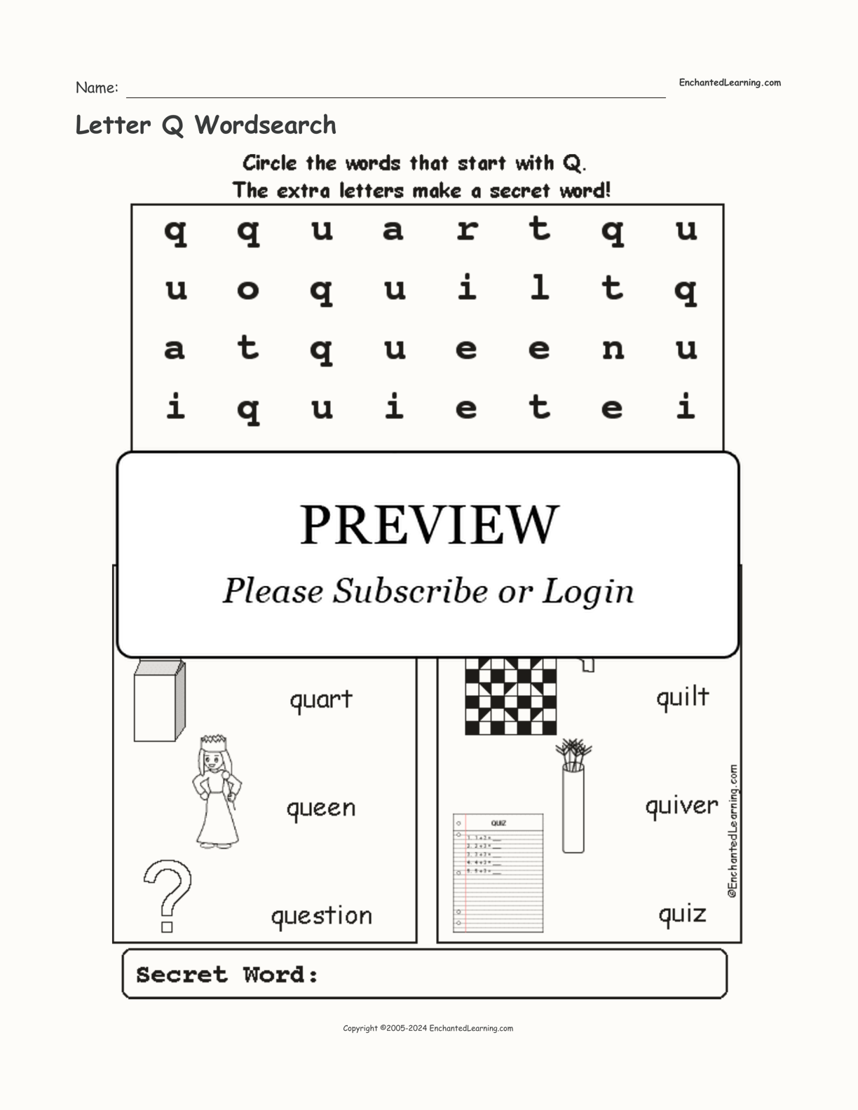 Letter Q Wordsearch interactive worksheet page 1