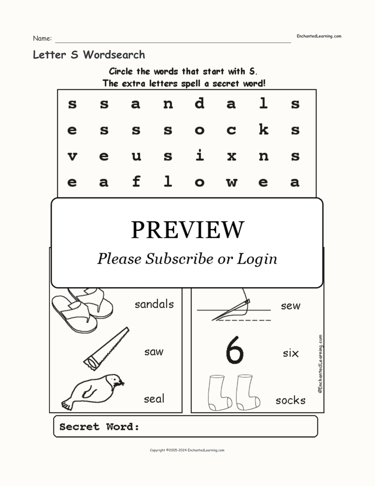 Letter S Wordsearch interactive worksheet page 1