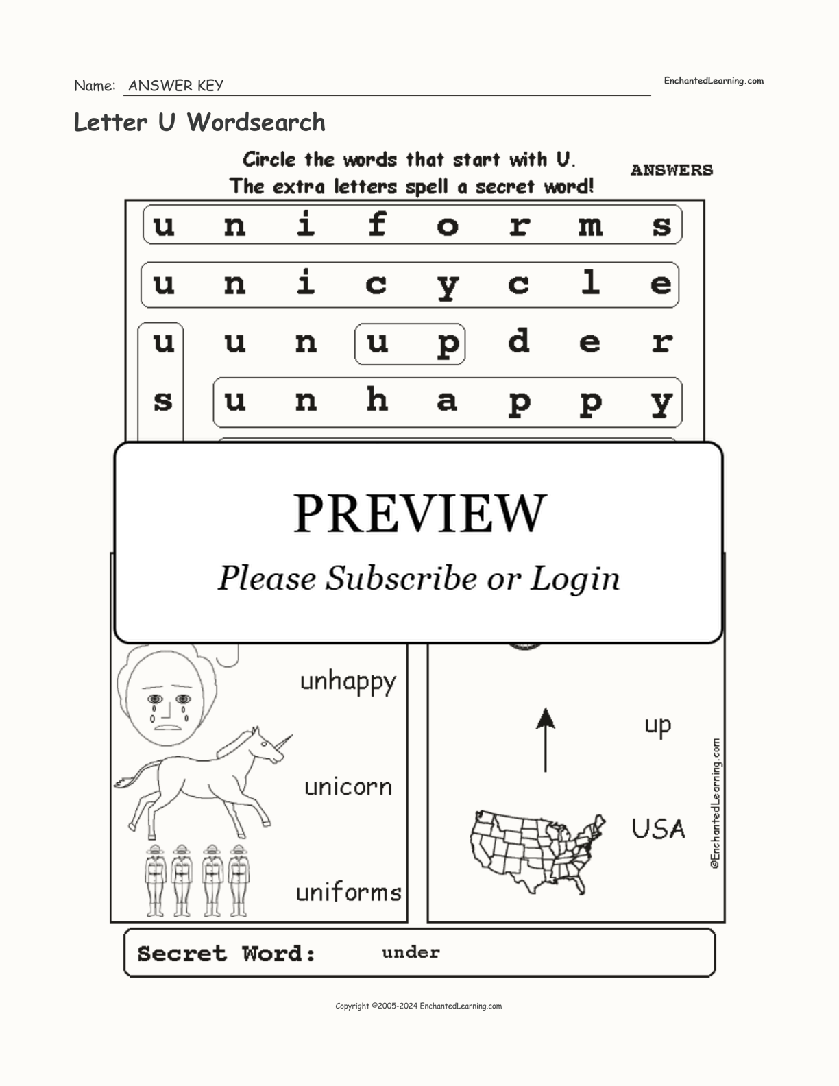 Letter U Wordsearch interactive worksheet page 2