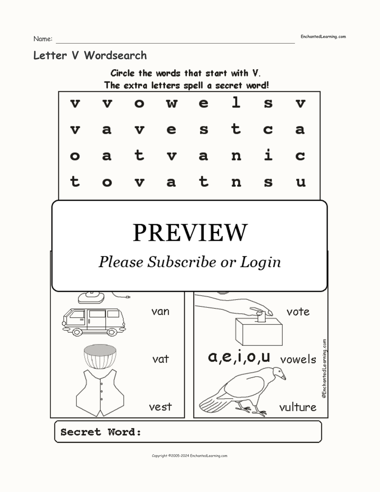 Letter V Wordsearch interactive worksheet page 1