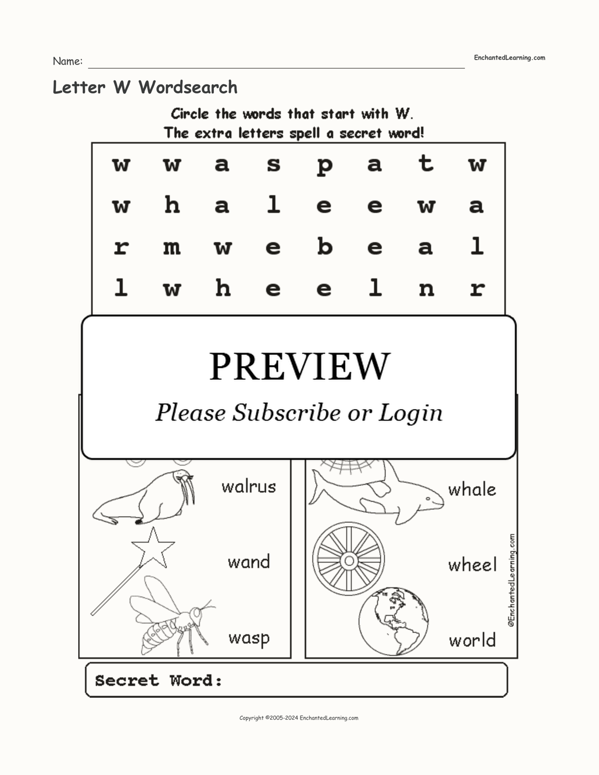 Letter W Wordsearch interactive worksheet page 1