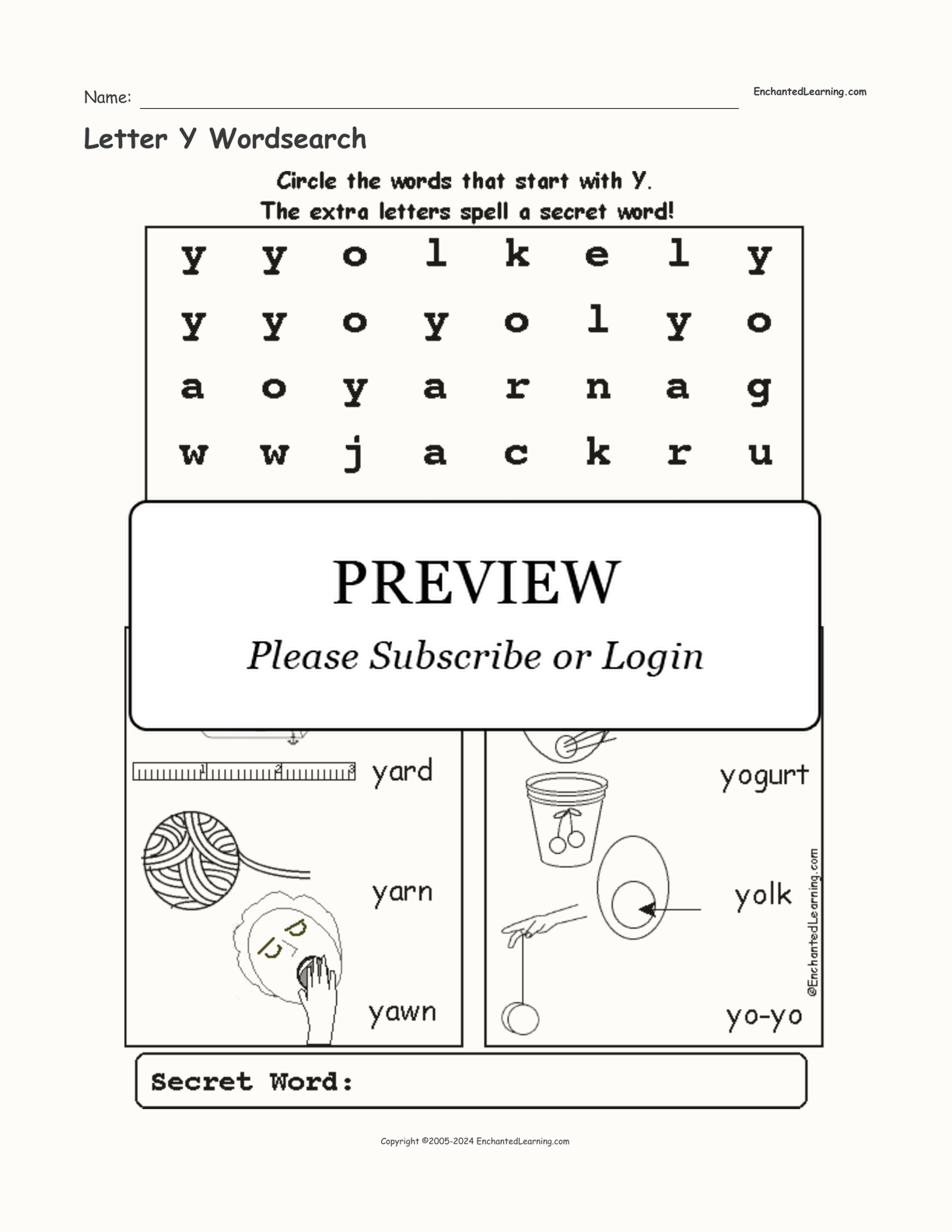 Letter Y Wordsearch interactive worksheet page 1