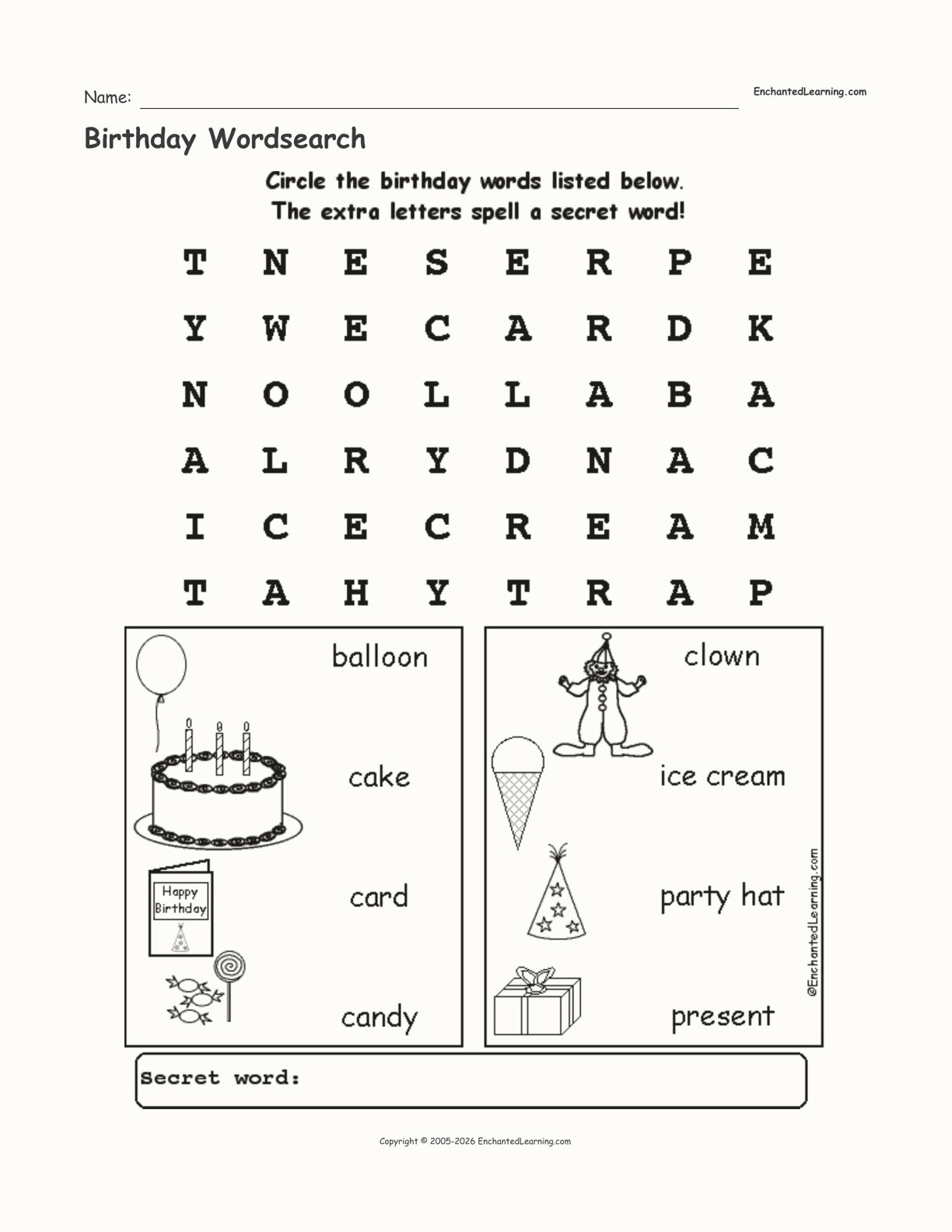 Birthday Wordsearch Enchanted Learning
