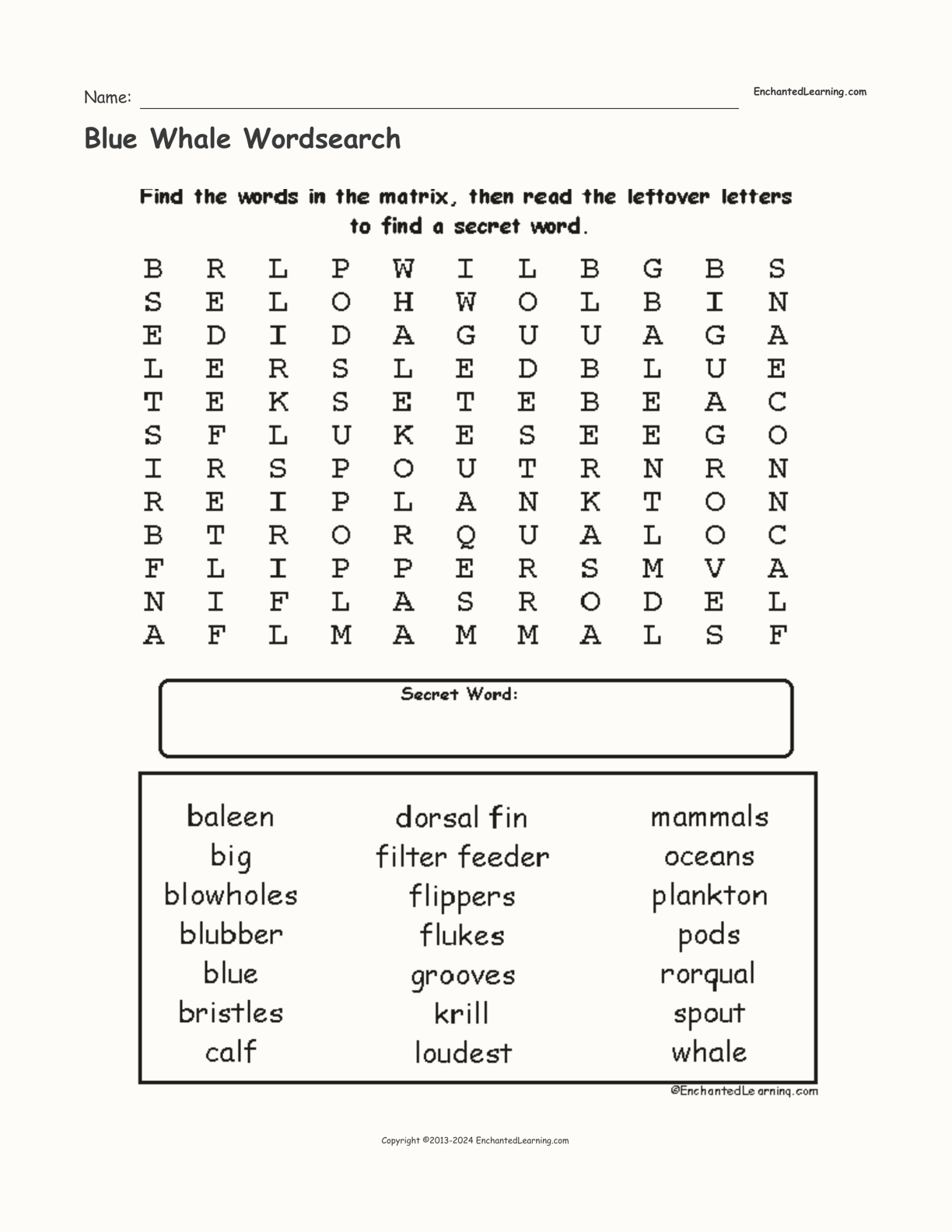 Blue Whale Wordsearch interactive worksheet page 1