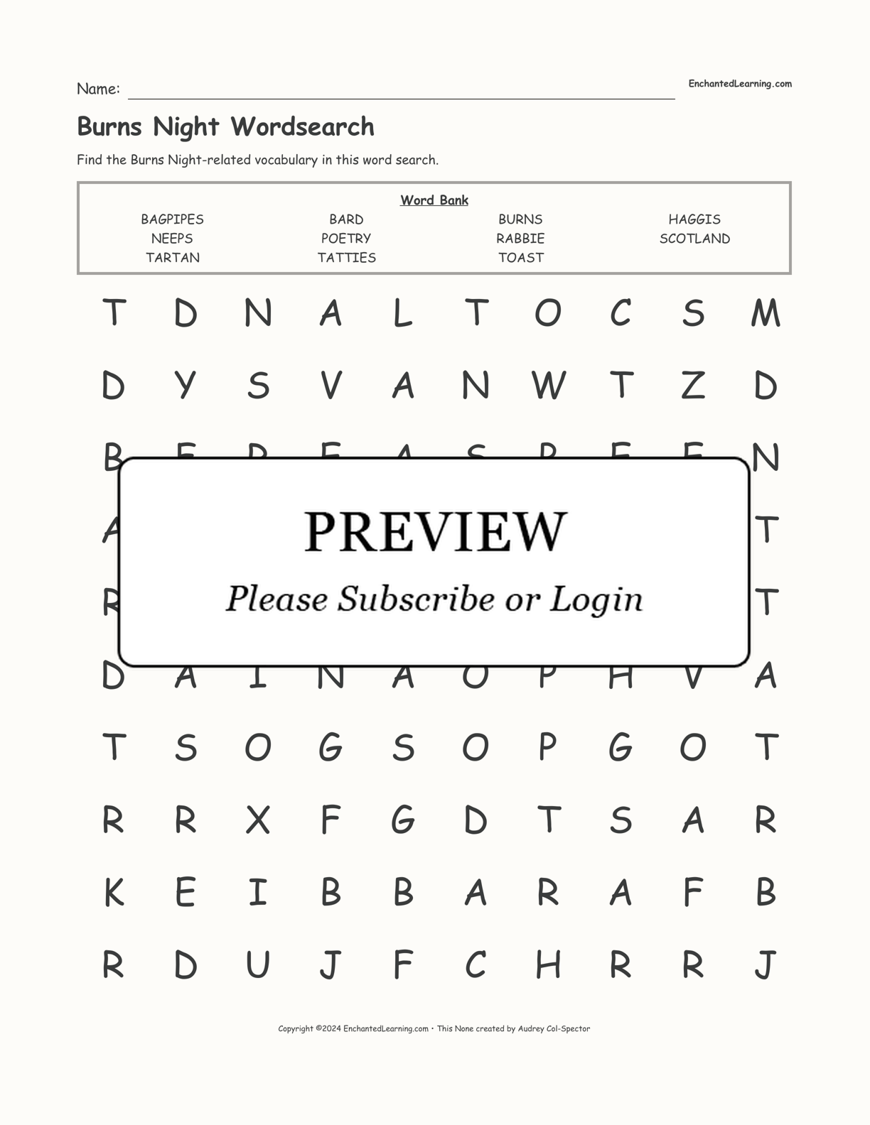 Burns Night Wordsearch interactive worksheet page 1