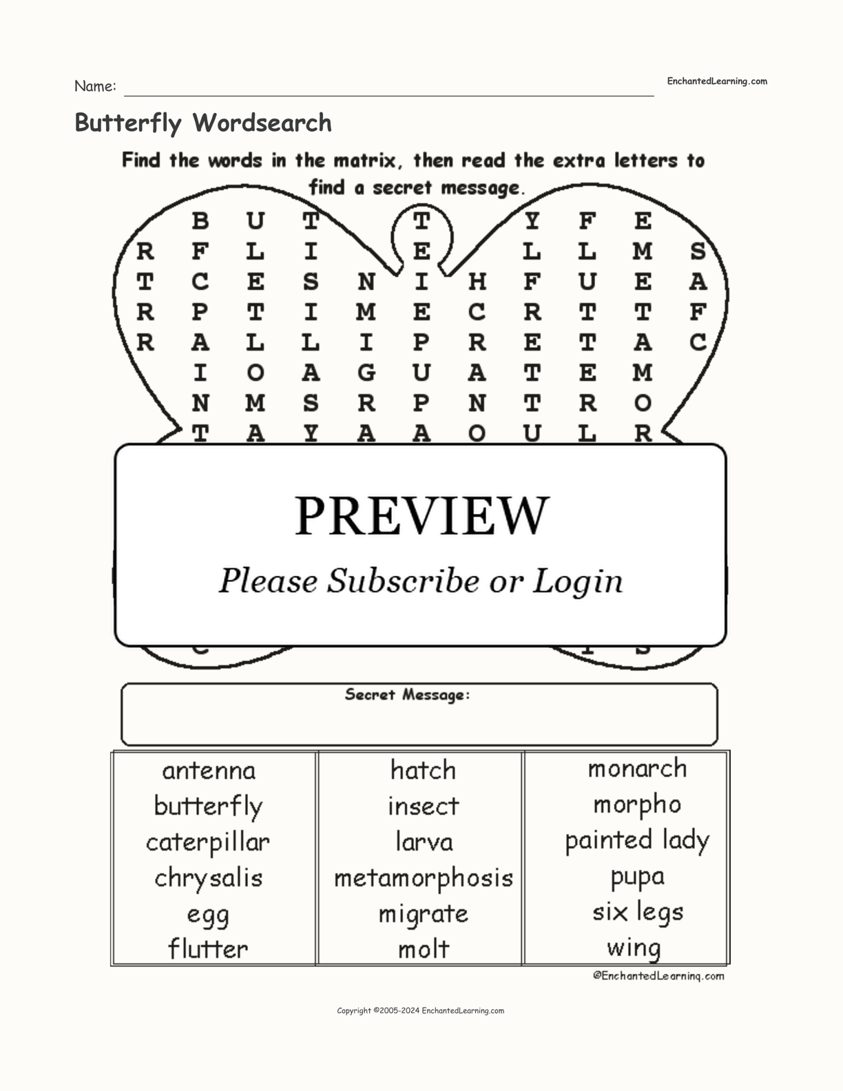 Butterfly Wordsearch interactive worksheet page 1
