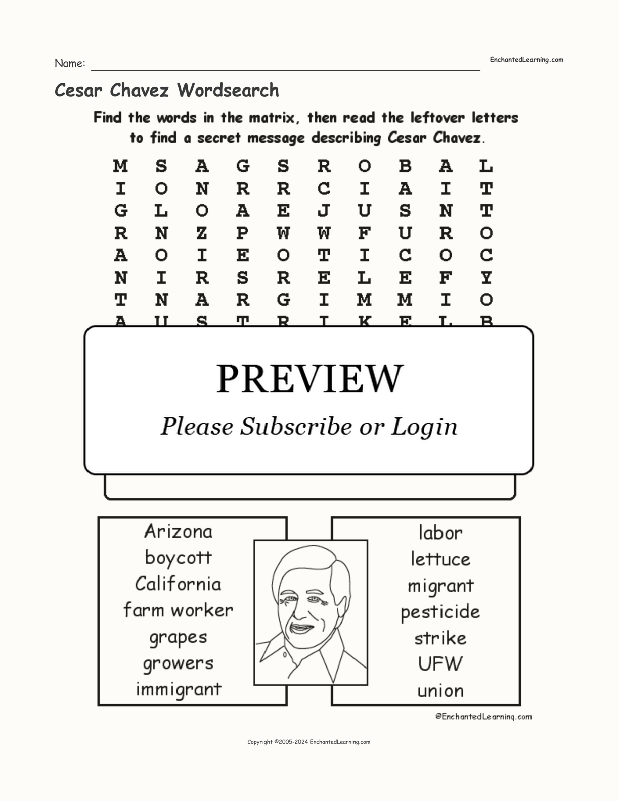 Cesar Chavez Wordsearch interactive worksheet page 1