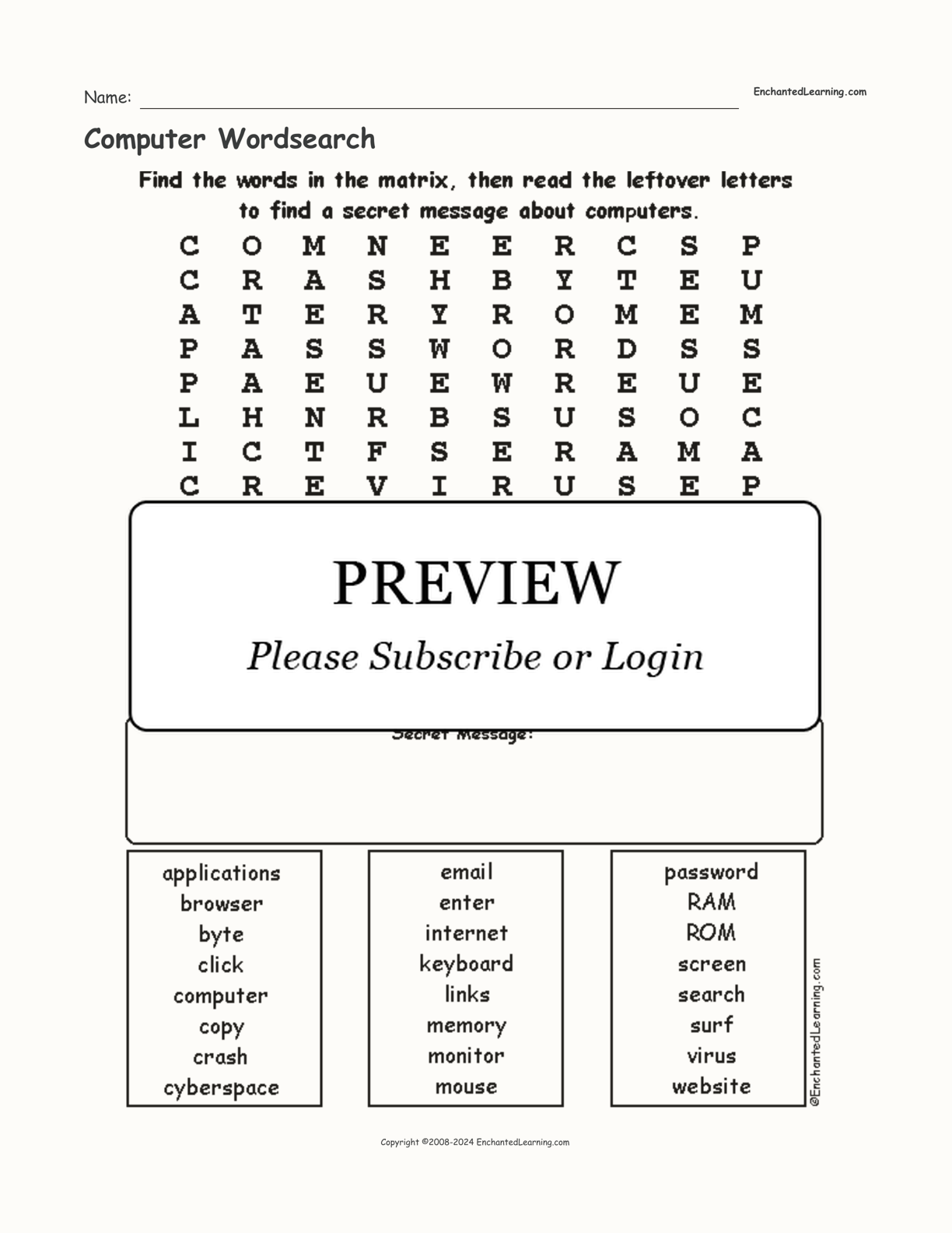 Computer Wordsearch interactive worksheet page 1