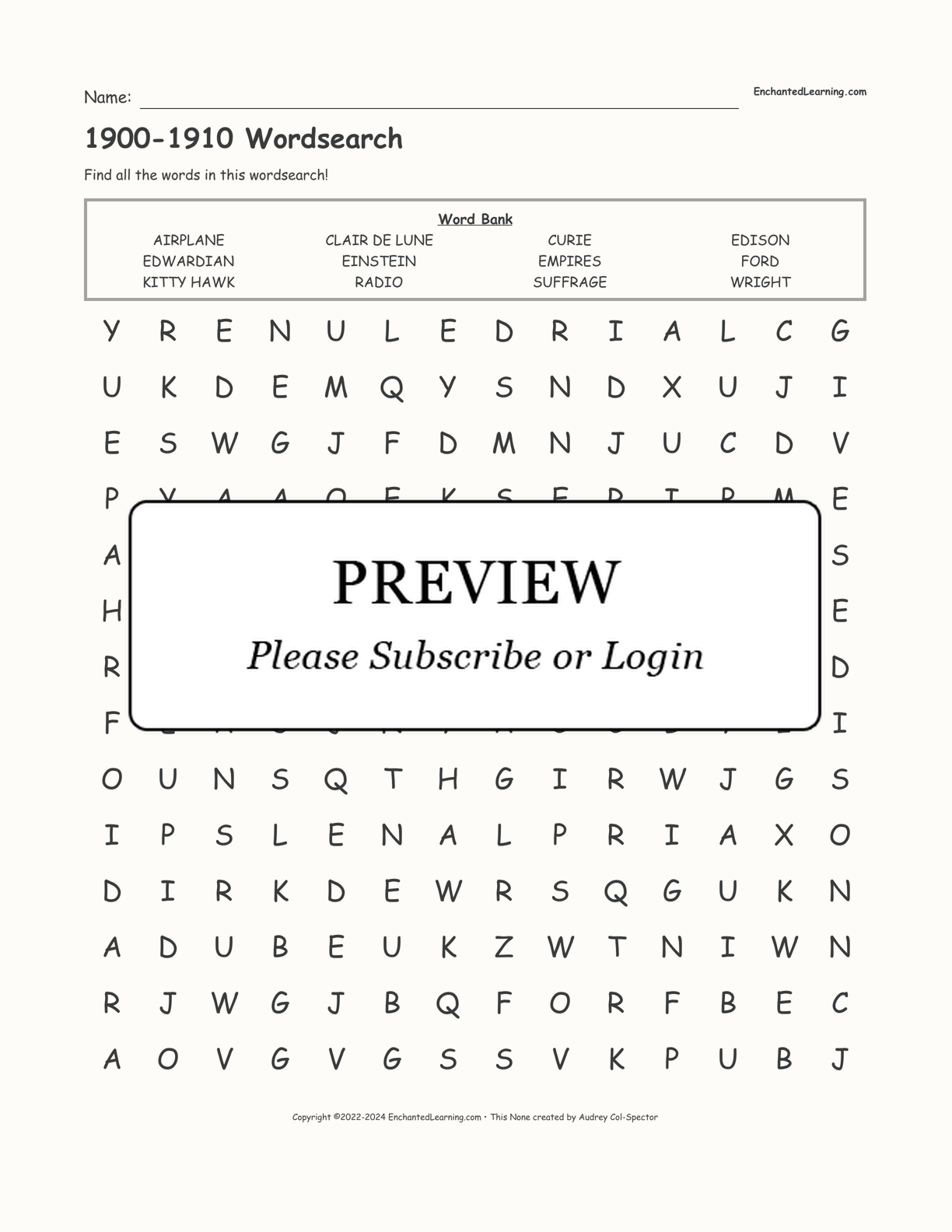 1900-1910 Wordsearch interactive worksheet page 1