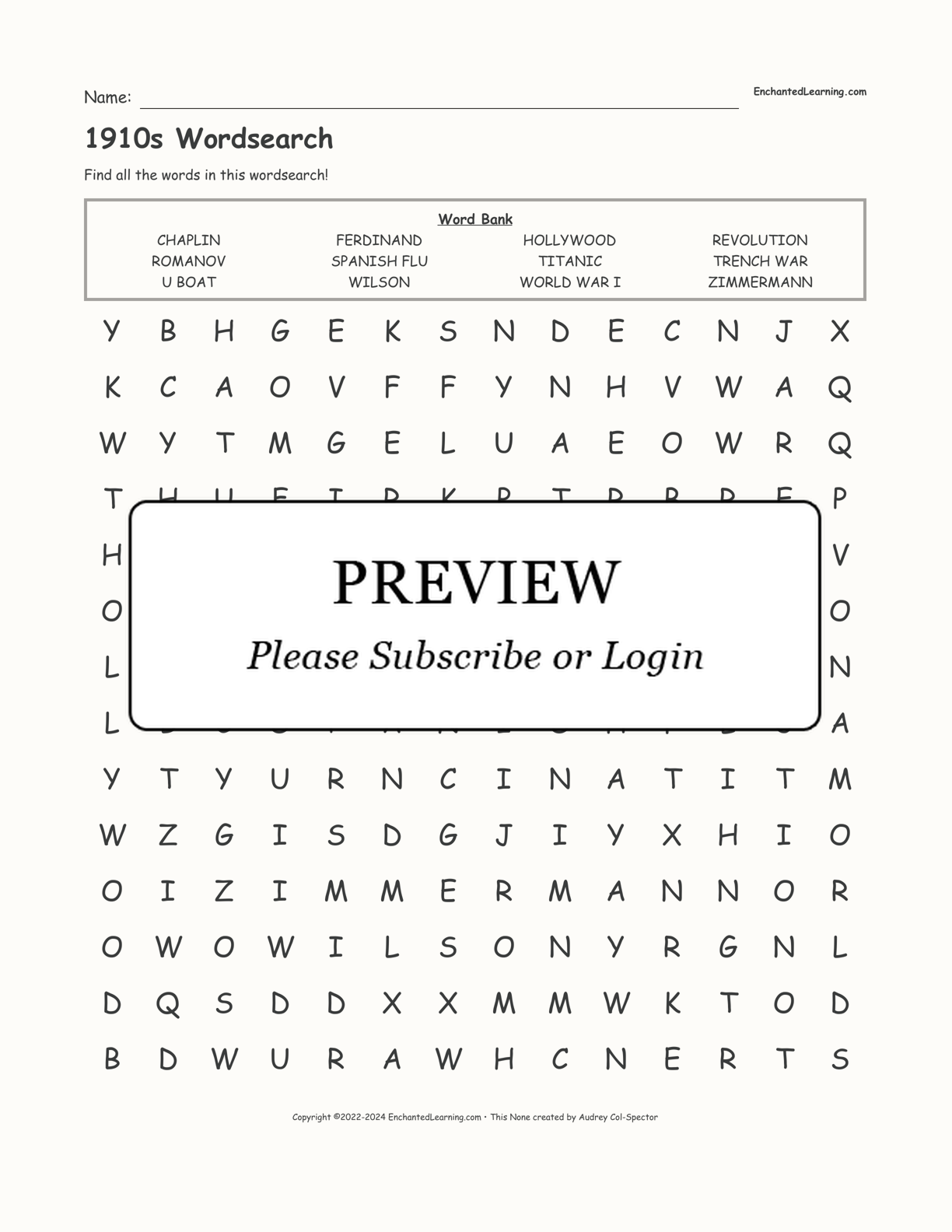 1910s Wordsearch interactive worksheet page 1
