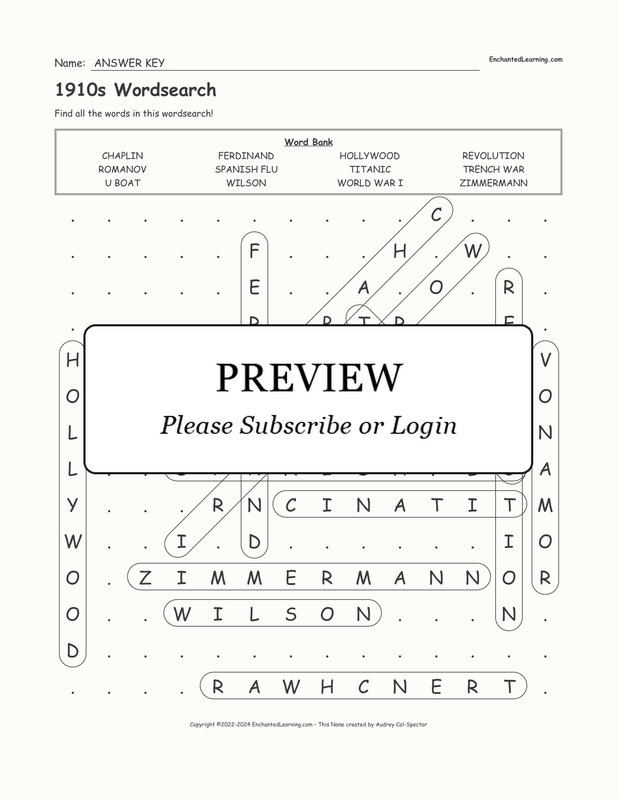 1910s Wordsearch interactive worksheet page 2