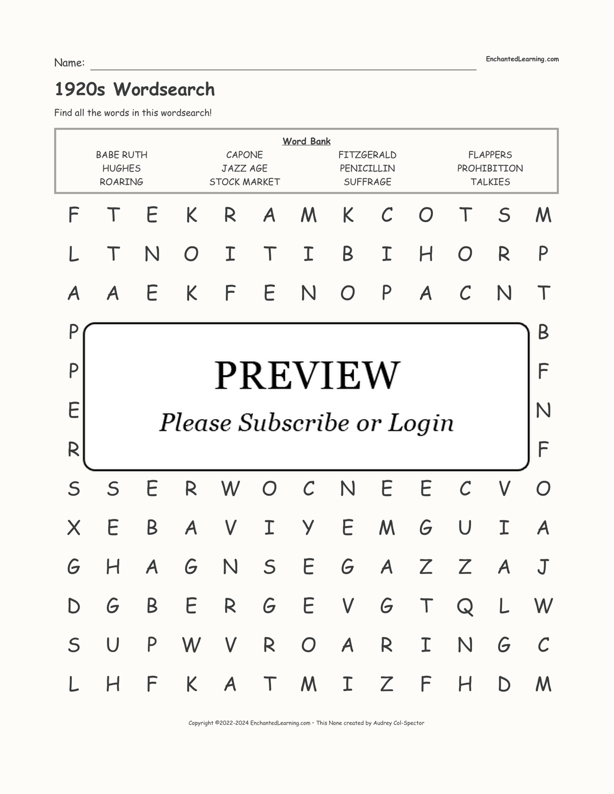 1920s Wordsearch interactive worksheet page 1