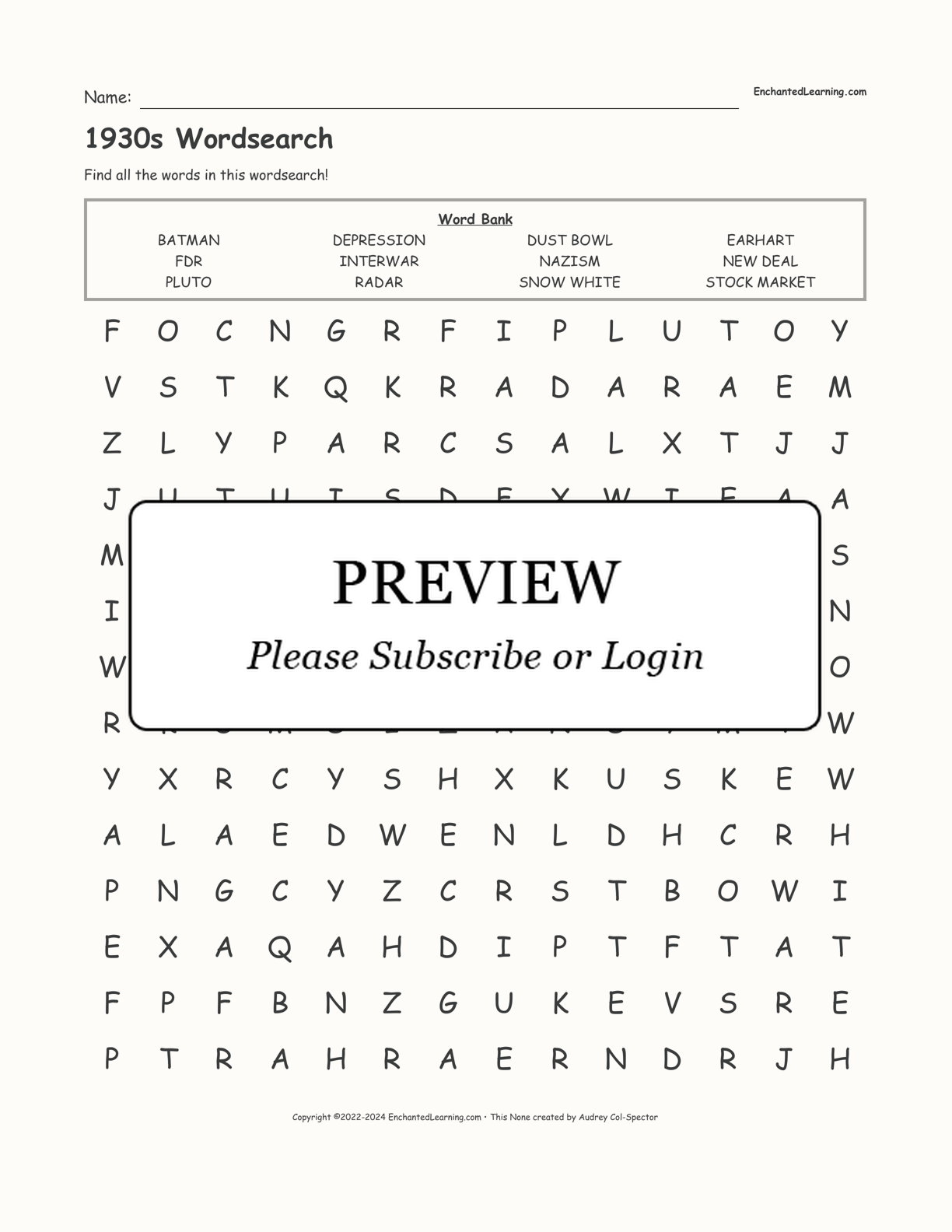 1930s Wordsearch interactive worksheet page 1