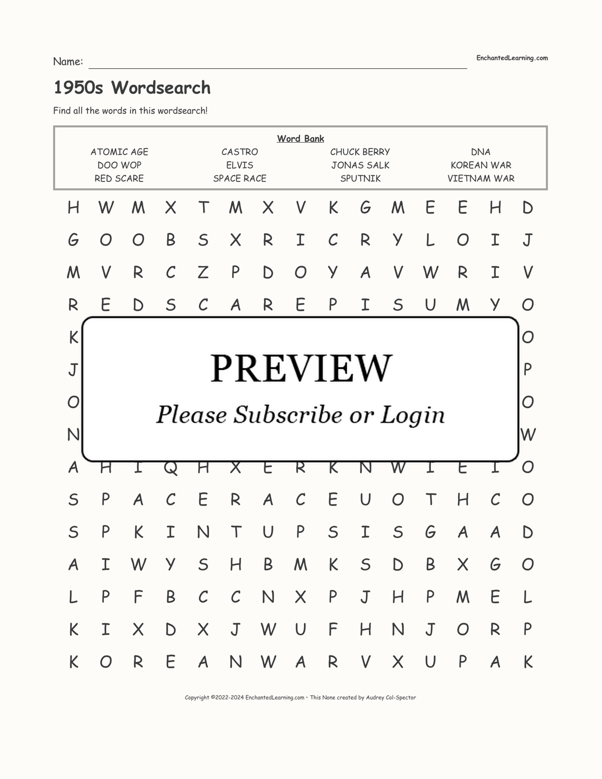 1950s Wordsearch interactive worksheet page 1