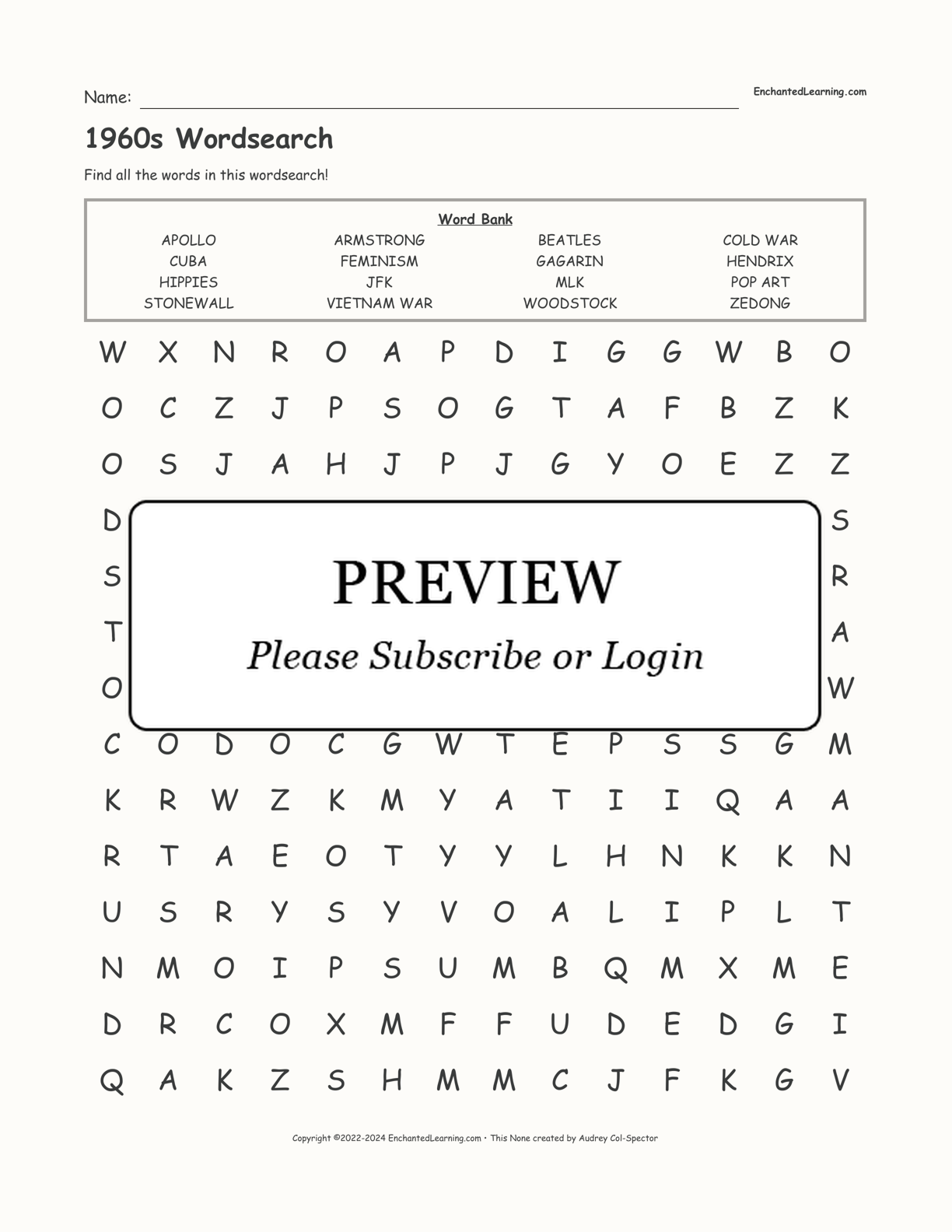 1960s Wordsearch interactive worksheet page 1
