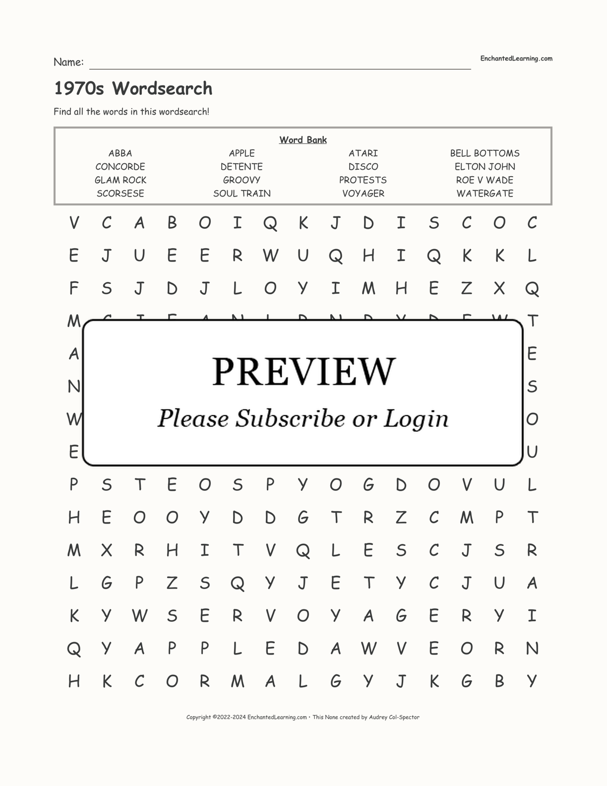 1970s Wordsearch interactive worksheet page 1