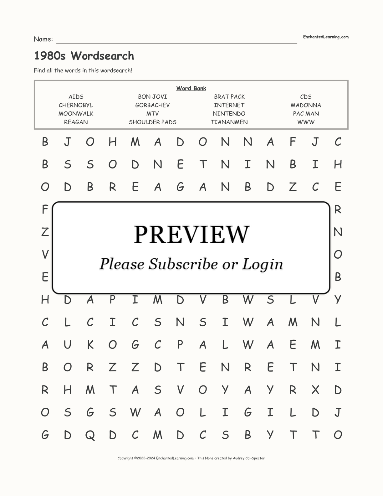 1980s Wordsearch interactive worksheet page 1