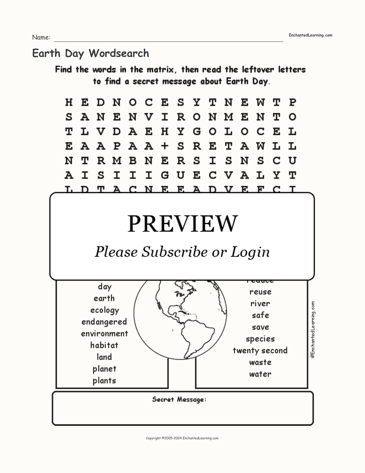 Earth Day Wordsearch interactive worksheet page 1