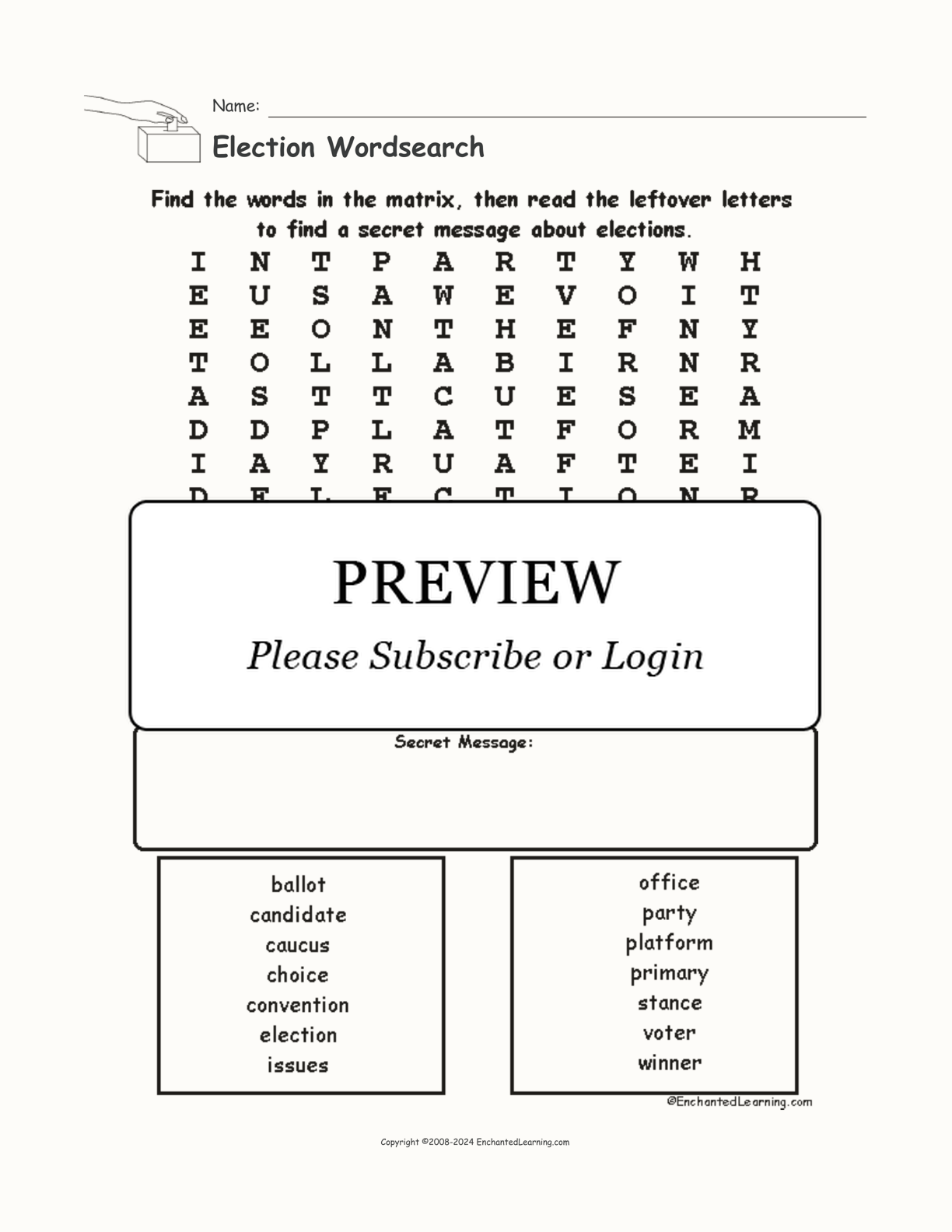 Election Wordsearch interactive worksheet page 1