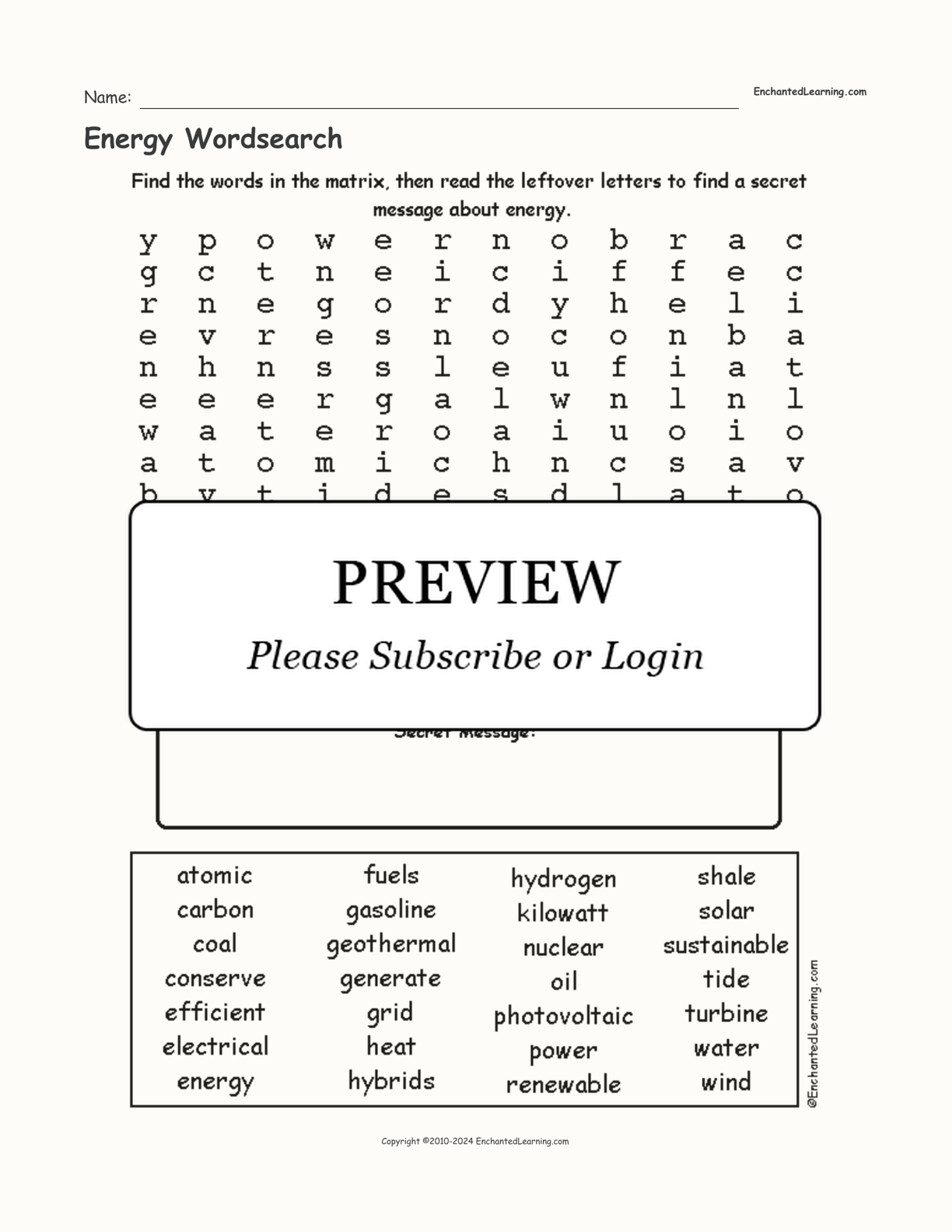 Energy Wordsearch interactive worksheet page 1