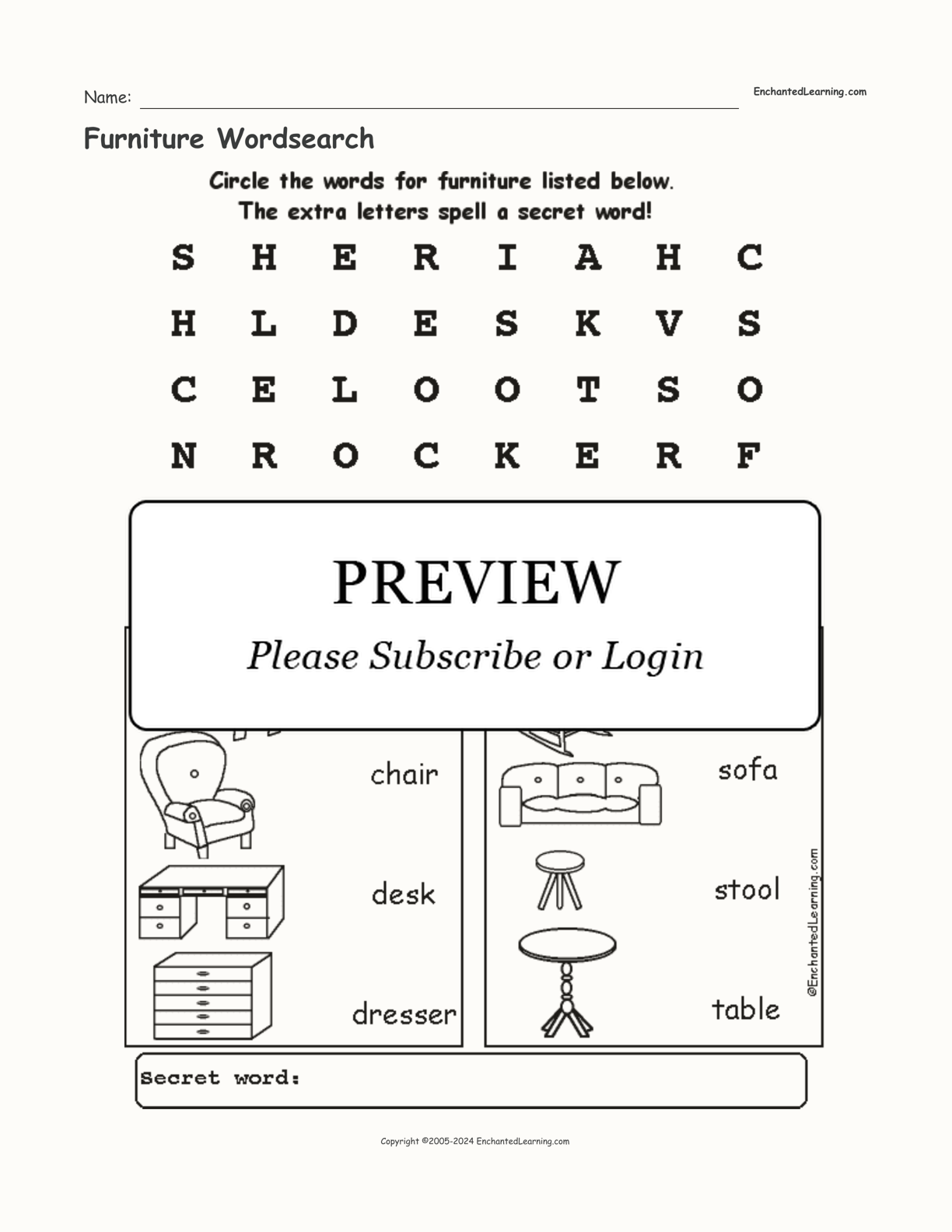 Furniture Wordsearch interactive worksheet page 1