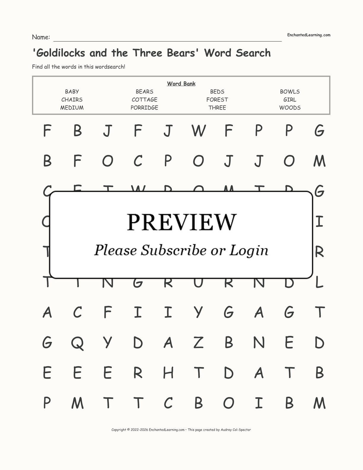 'Goldilocks and the Three Bears' Word Search interactive worksheet page 1