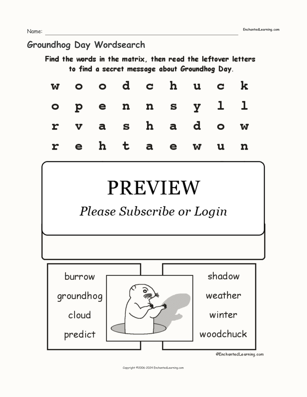 Groundhog Day Wordsearch interactive worksheet page 1