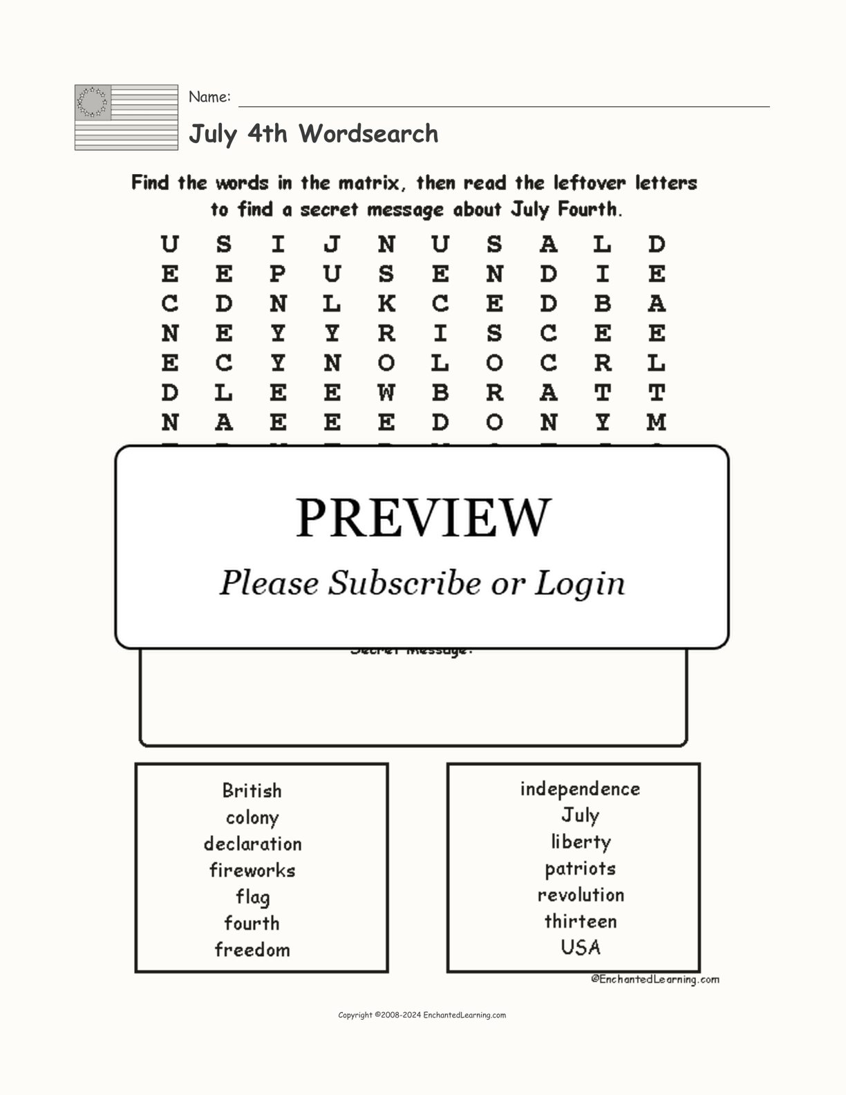 July 4th Wordsearch interactive worksheet page 1