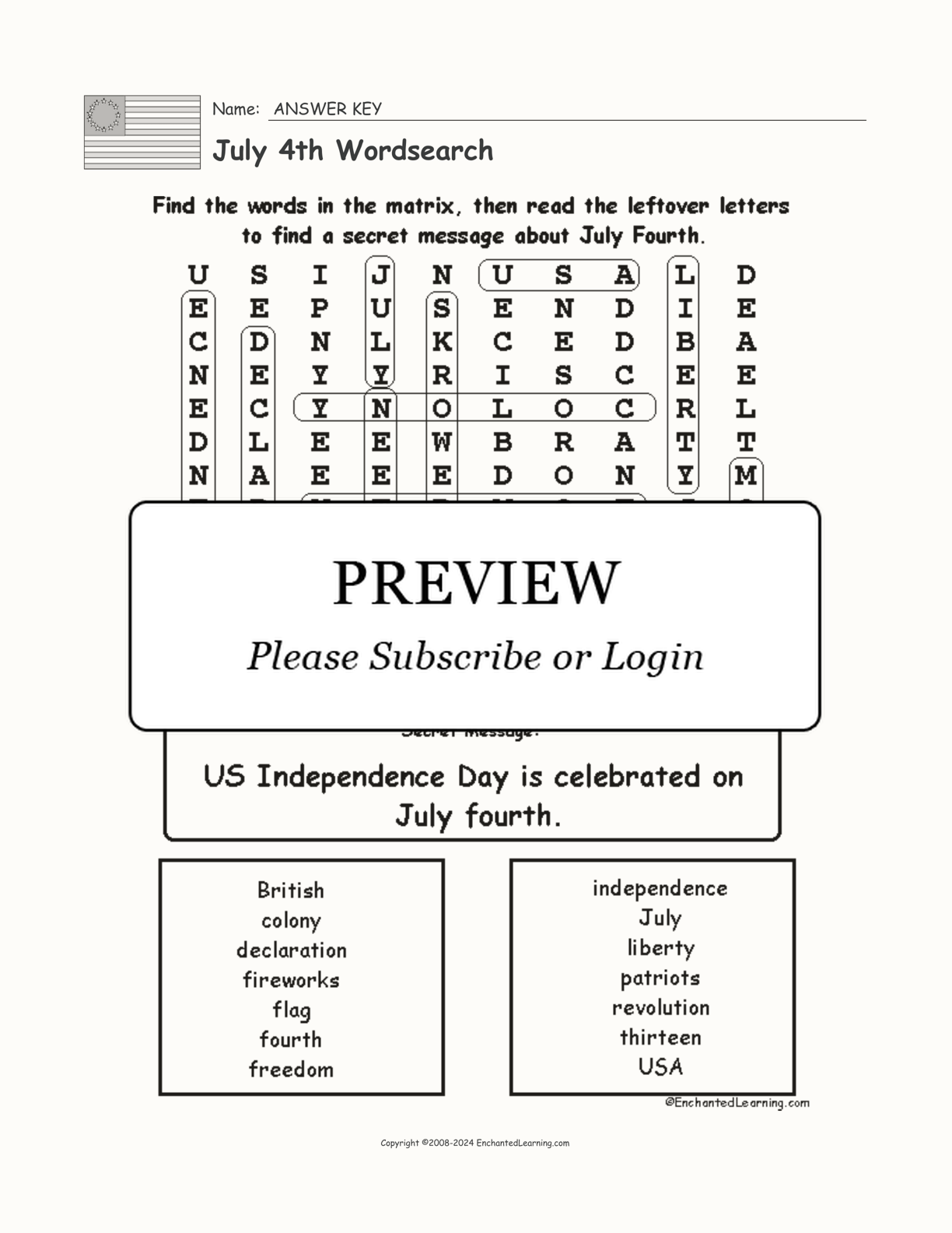 July 4th Wordsearch interactive worksheet page 2