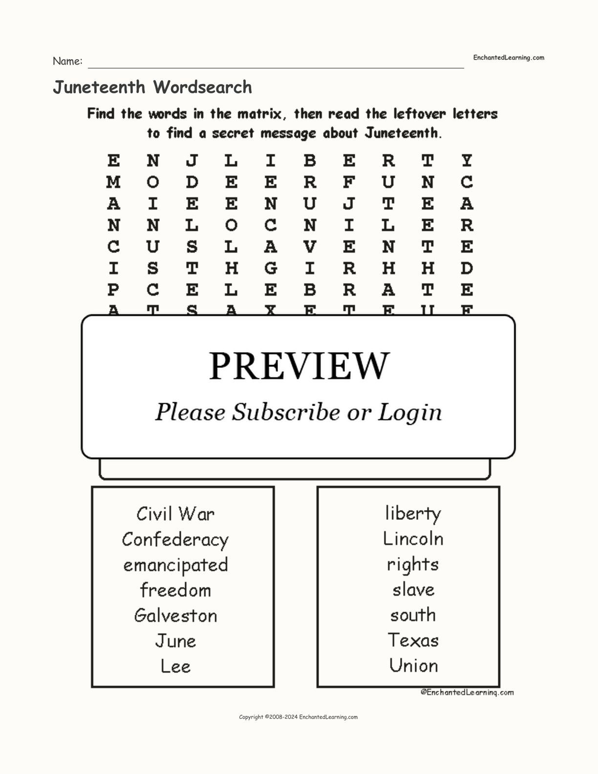 Juneteenth Wordsearch interactive worksheet page 1