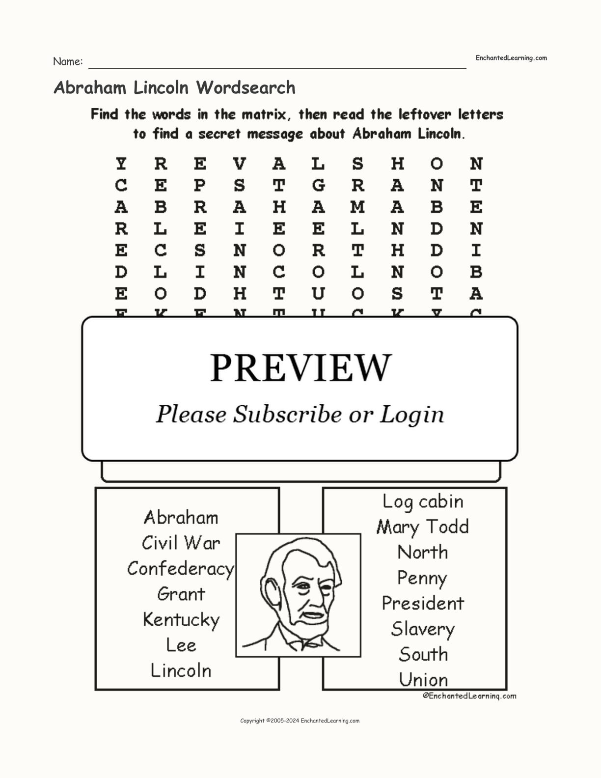Abraham Lincoln Wordsearch interactive worksheet page 1