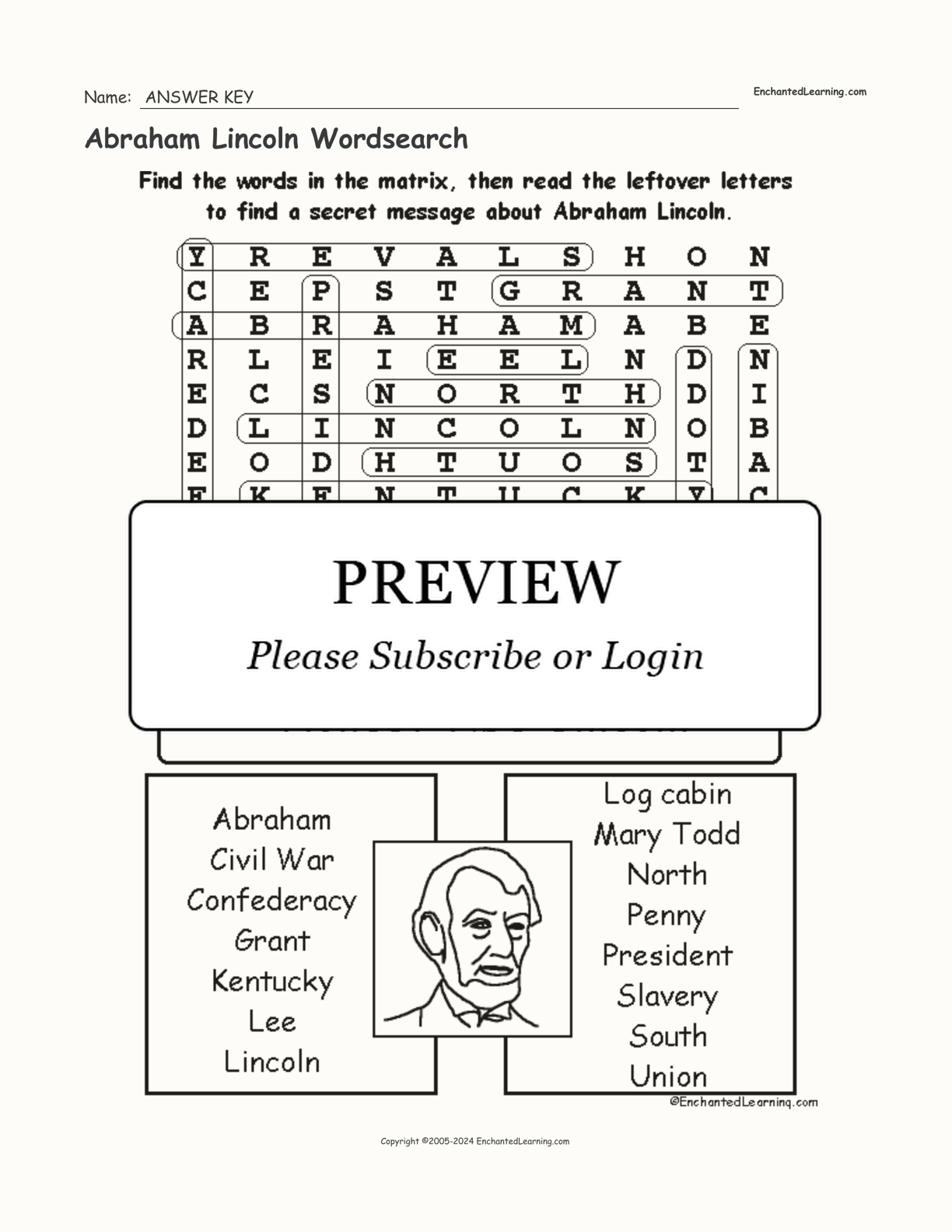 Abraham Lincoln Wordsearch interactive worksheet page 2