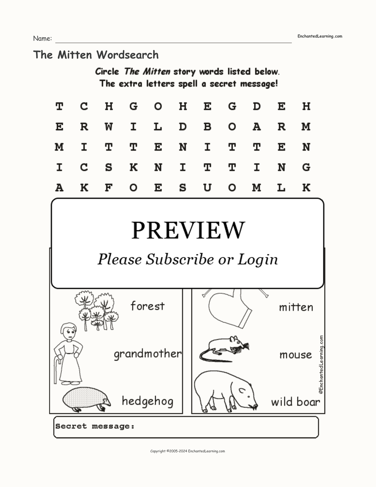 The Mitten Wordsearch interactive worksheet page 1