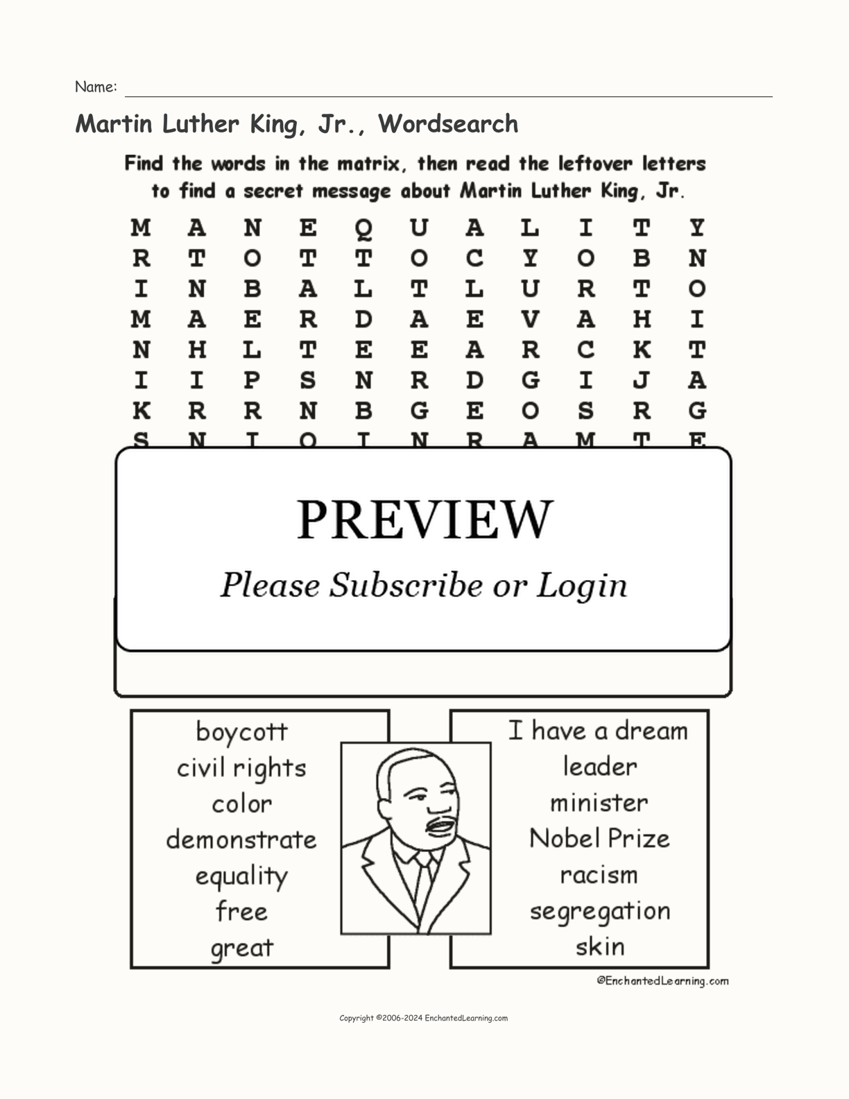 Martin Luther King, Jr., Wordsearch interactive worksheet page 1