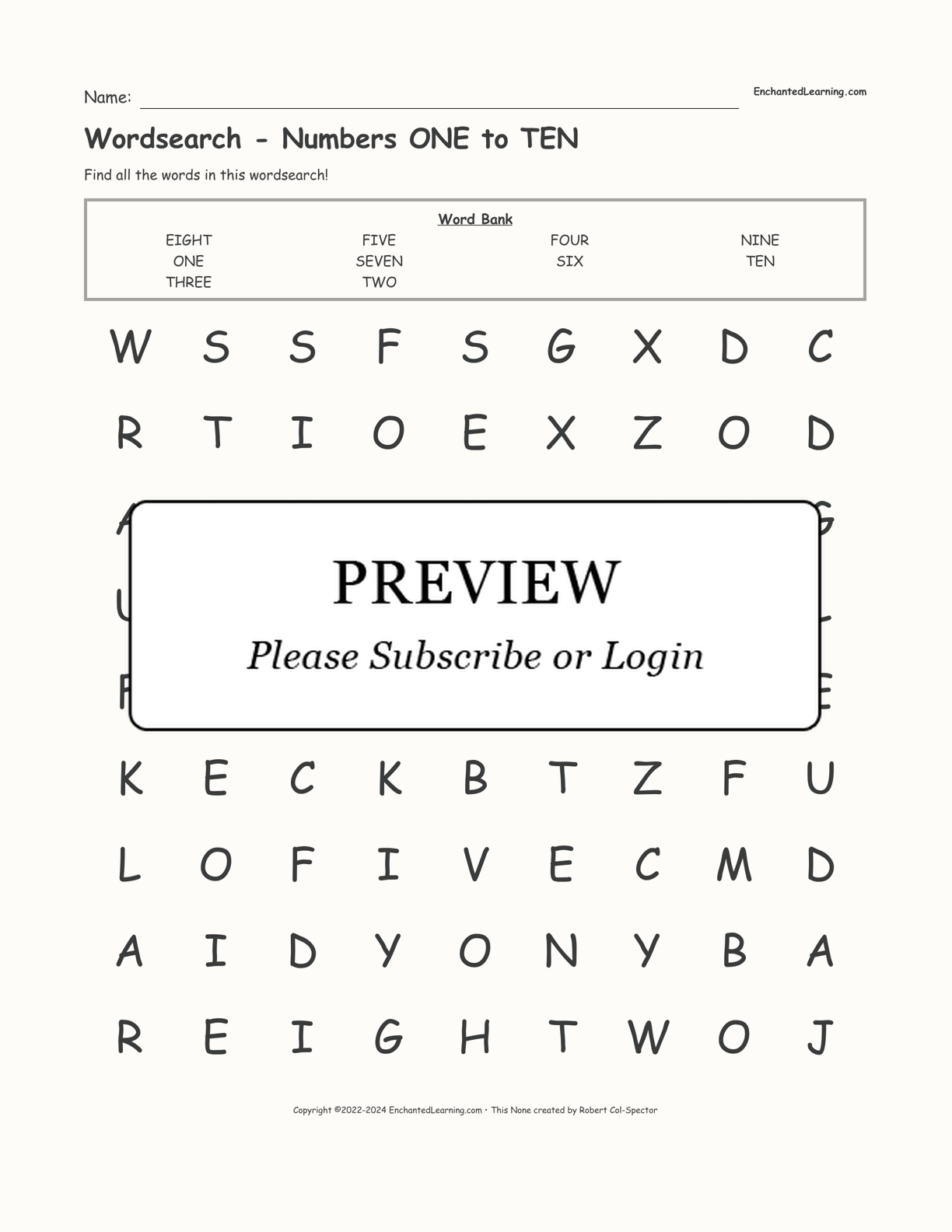 Wordsearch - Numbers ONE to TEN interactive worksheet page 1